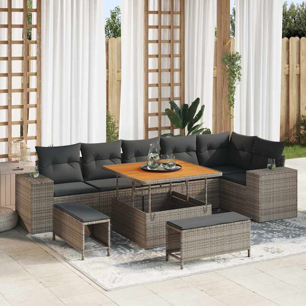 Gartensofa-set 9 stk. Grau Poly-Rattan