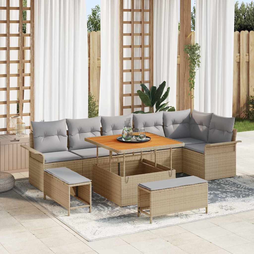 Gartensofa-set 9 stk. Beige Poly-Rattan