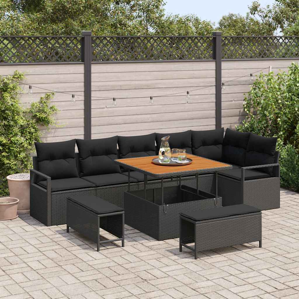 Garten-Sofa-Set 9 stk. Schwarz Poly Rattan