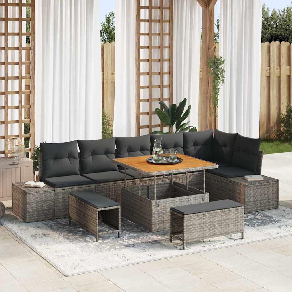 Gartensofa-set 9 stk. Grau Poly-Rattan