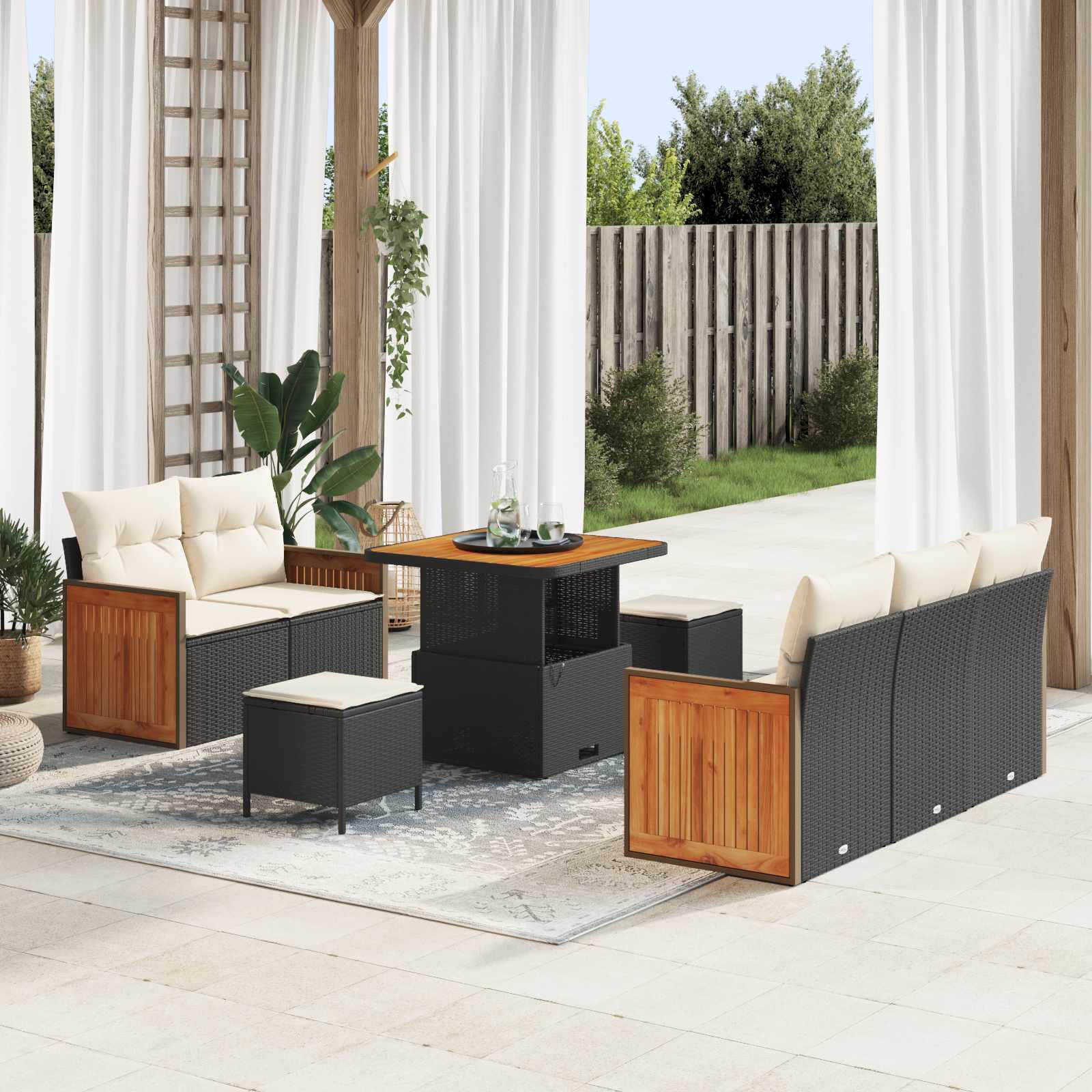 Gartensofa-set 8 Stk. 8-Sitzanzahl Schwarz und Creme