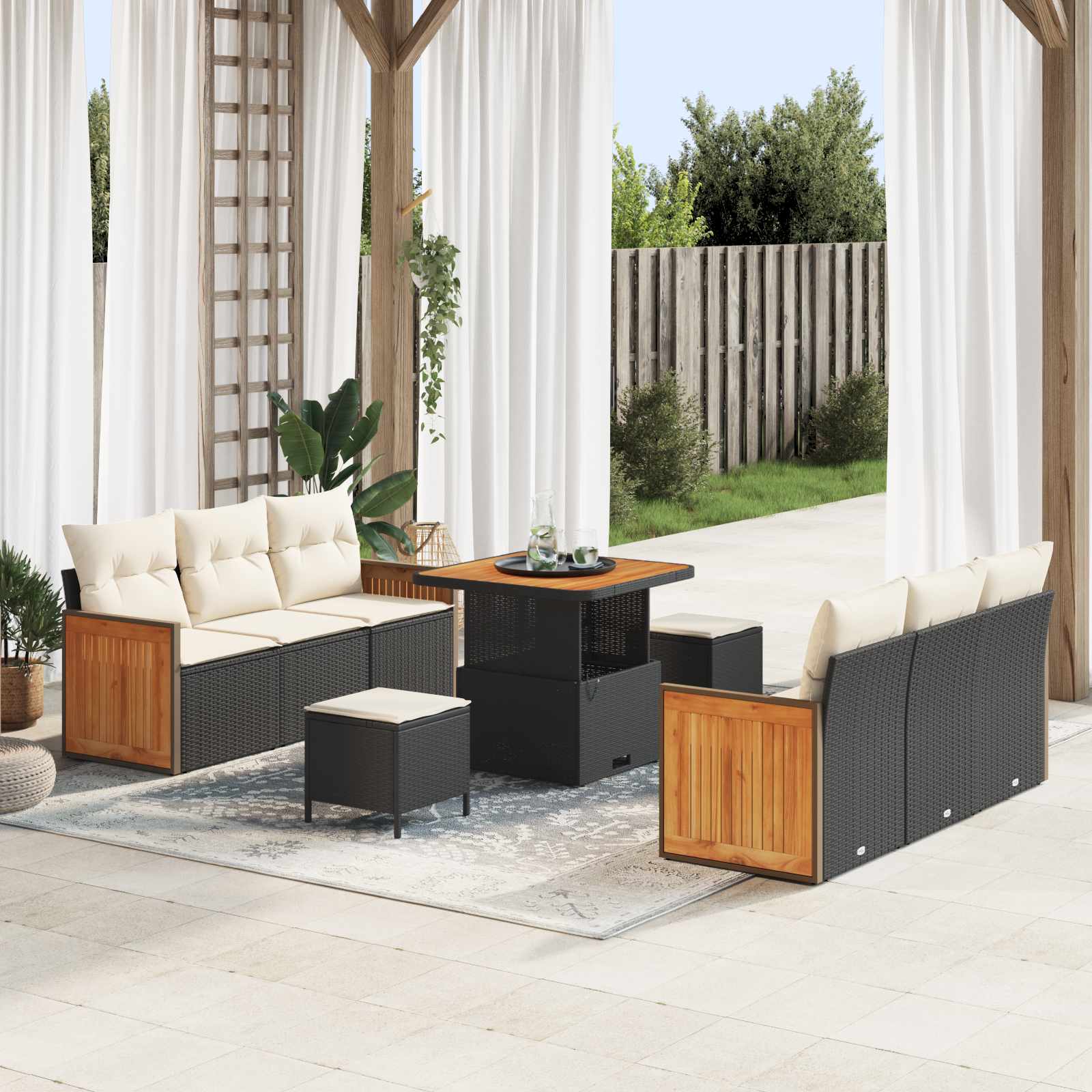 Gartensofa-set 9 Stk. 8-Sitzanzahl Schwarz und Creme