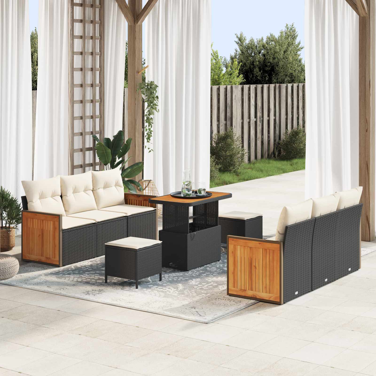 Gartensofa-set 9 Stk. 8-Sitzanzahl Schwarz und Creme