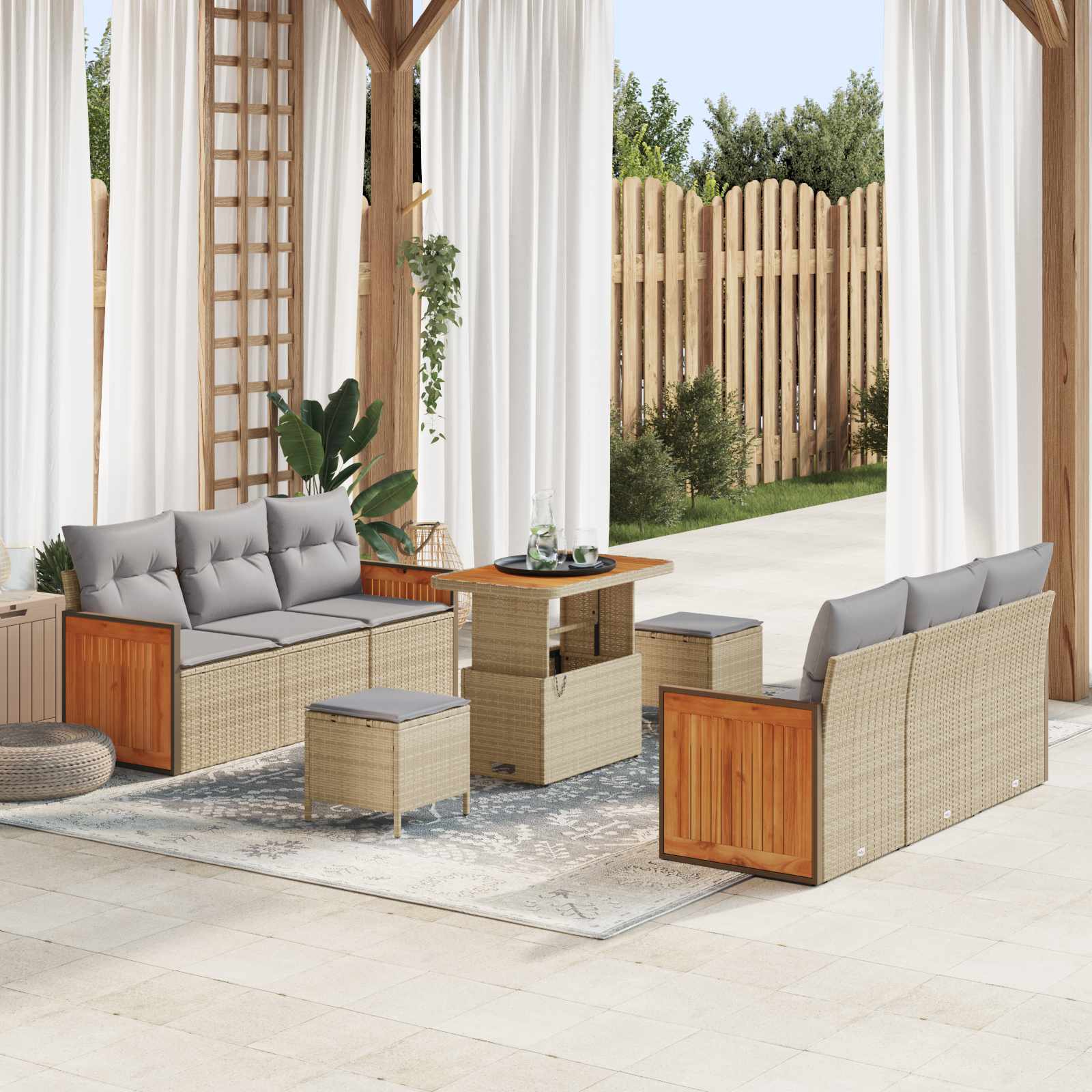 Gartensofa-set 9 Stk. 8-Sitzanzahl Beige und Hellgrau