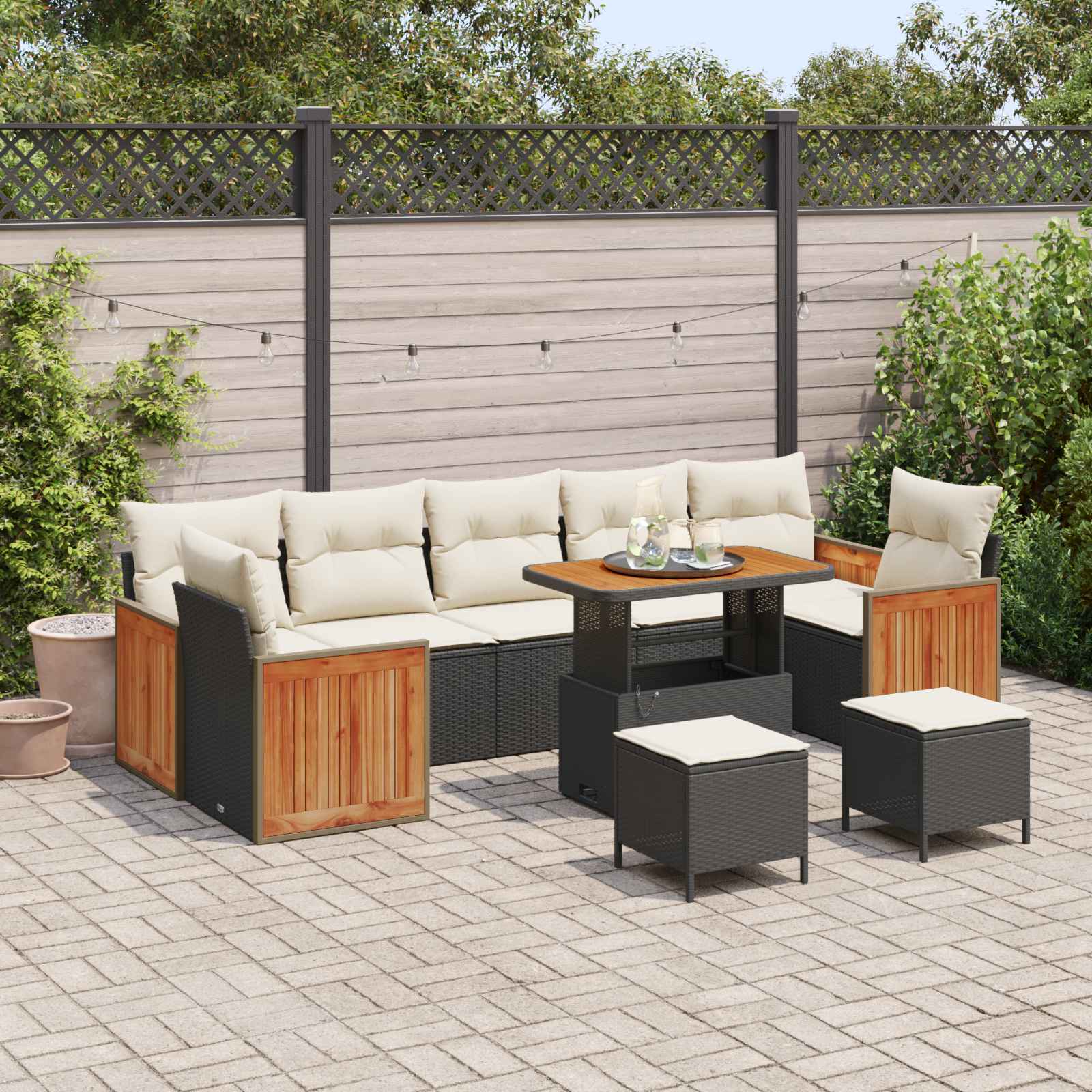 Gartensofa-set 10 Stk. 10-Sitzanzahl Schwarz und Creme