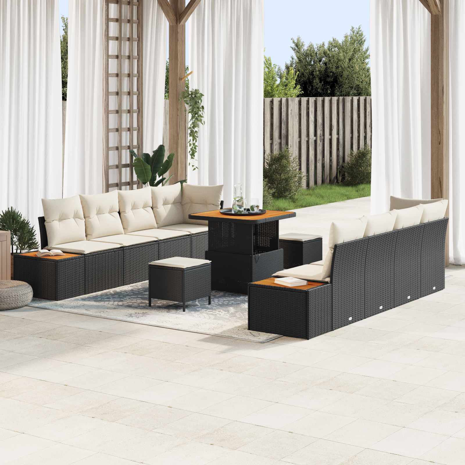 Gartensofa-set 11 Stk. 10-Sitzanzahl Schwarz und Creme