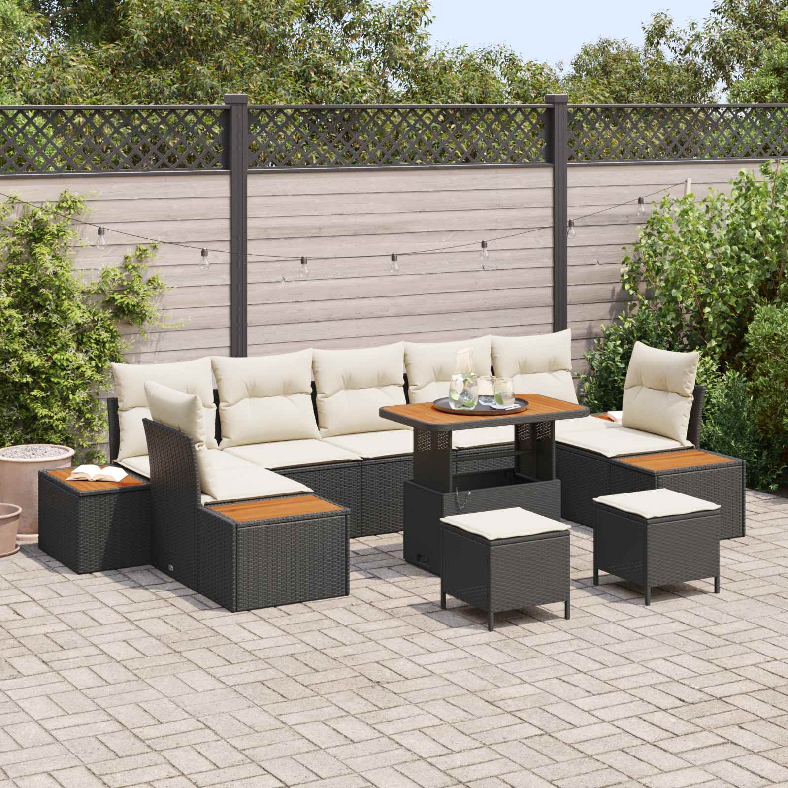 Gartensofa-set 10 Stk. 9-Sitzanzahl Schwarz und Creme