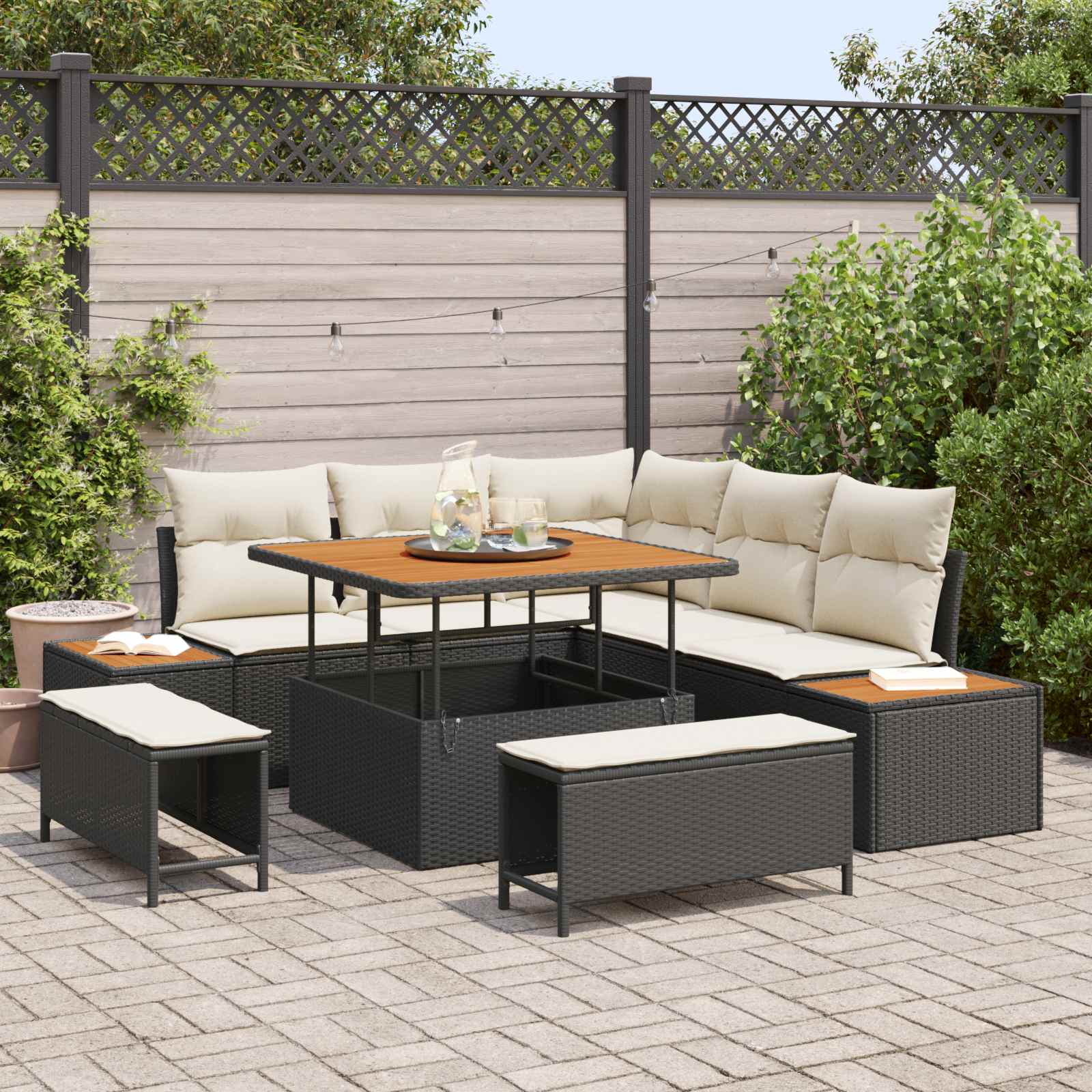 Gartensofa-set 8 stk. 7-Sitzanzahl Schwarz und Creme