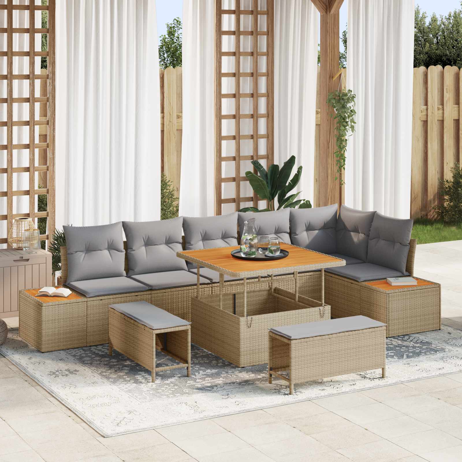 Gartensofa-set 9 Stk. 8-Sitzanzahl Beige und Hellgrau