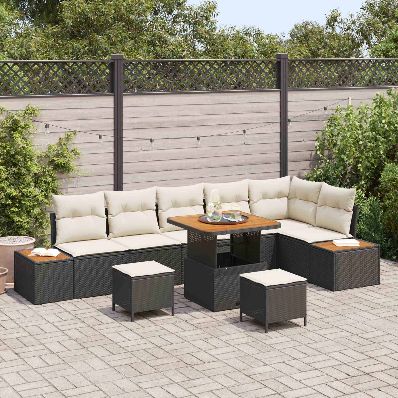 Gartensofa-set 9 Stk. 8-Sitzanzahl Schwarz und Creme