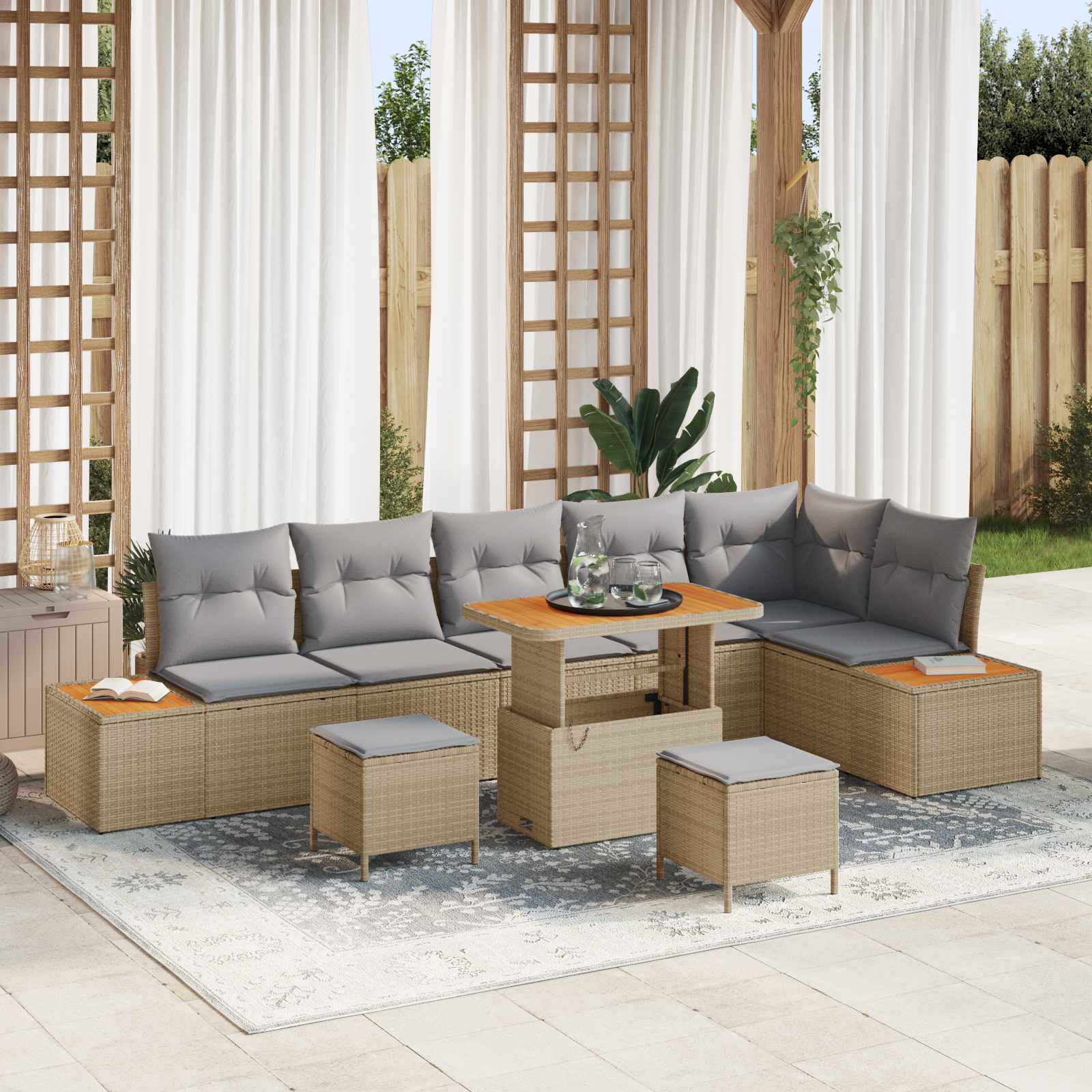 Gartensofa-set 9 Stk. 8-Sitzanzahl Beige und Hellgrau