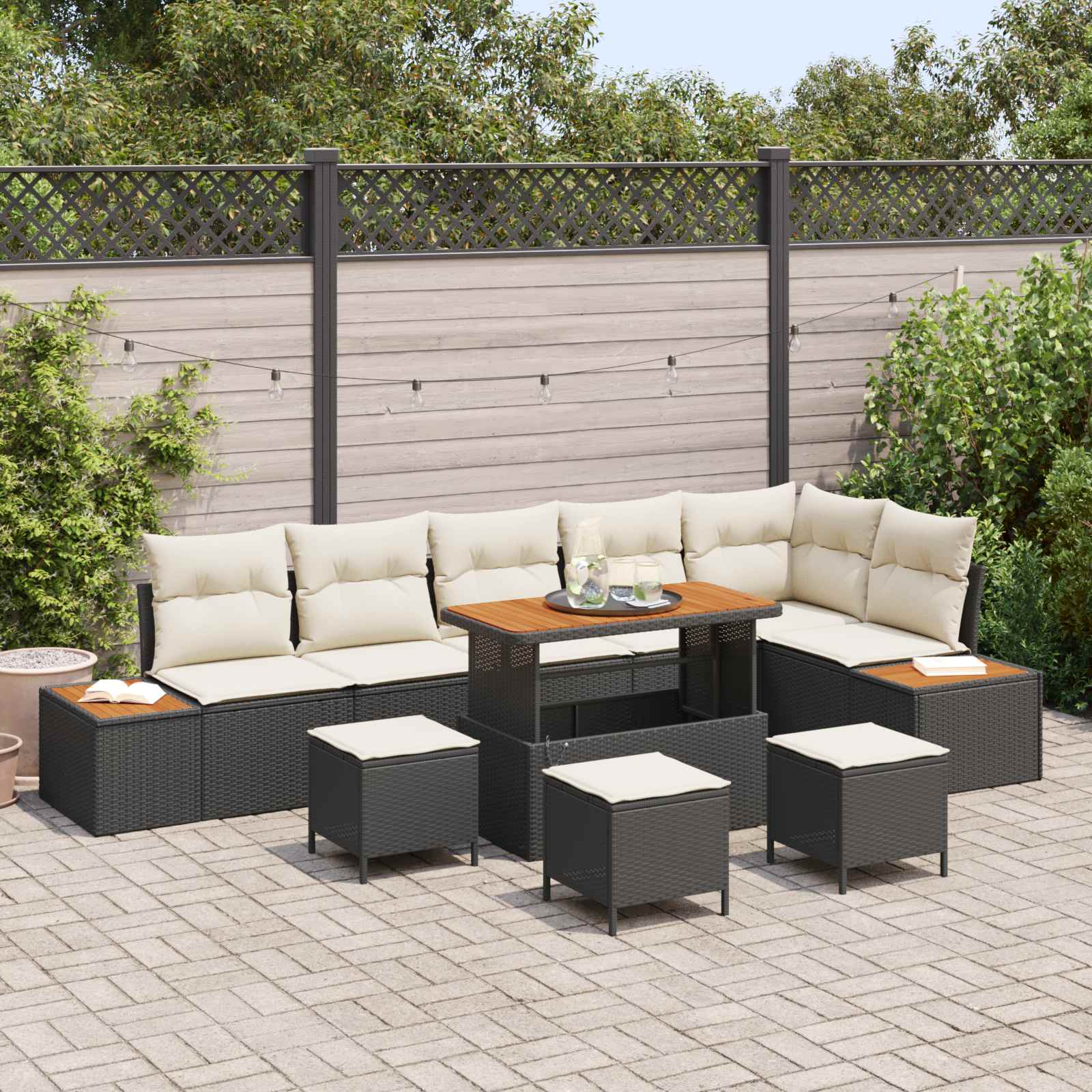 Gartensofa-set 10 Stk. 9-Sitzanzahl Schwarz und Creme