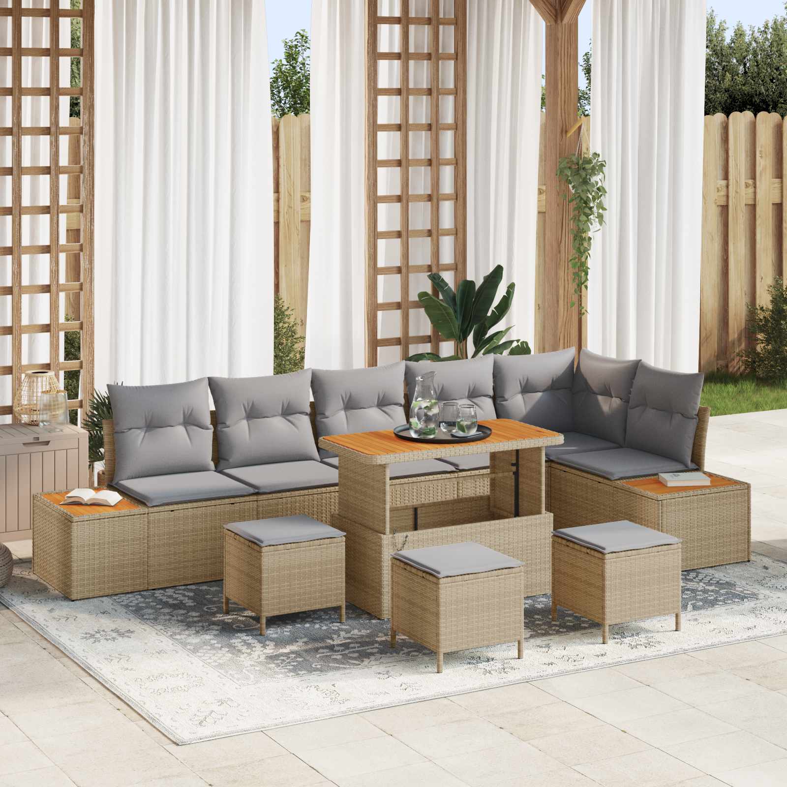 Gartensofa-set 10 Stk. 9-Sitzanzahl Beige und Hellgrau
