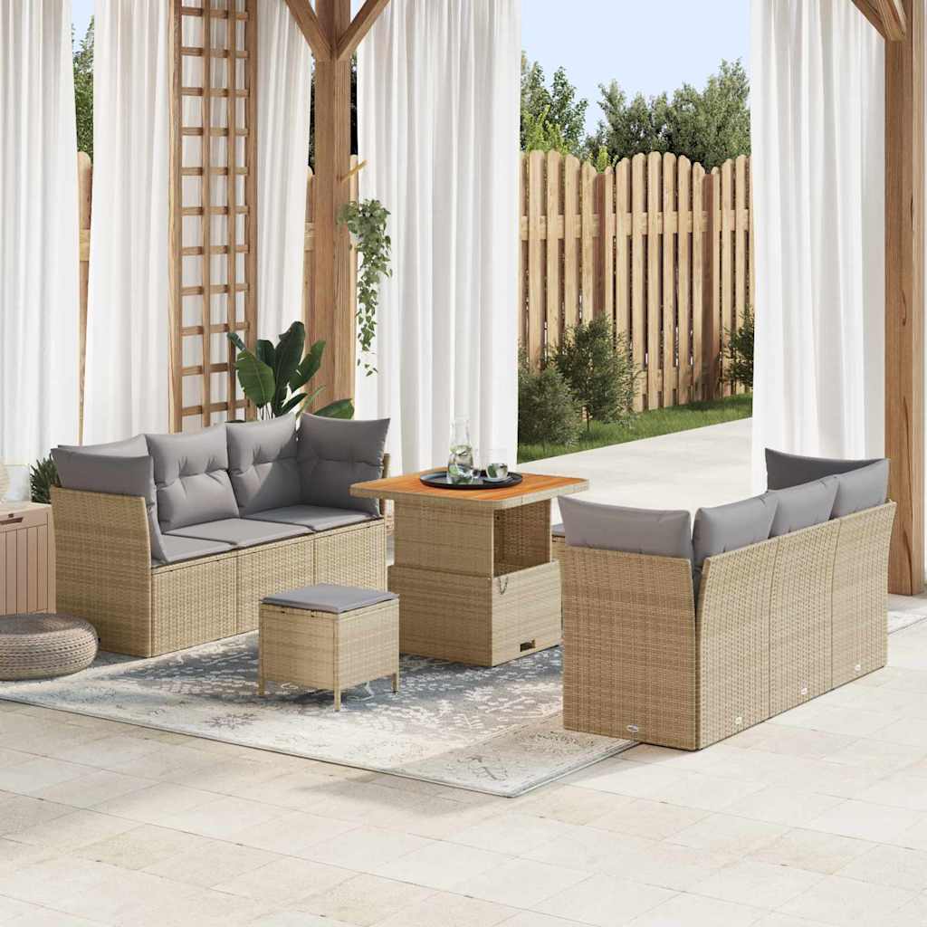 Gartensofa-set mit Kissen 9 pcs Beige und Hellgrau Poly-Rattan