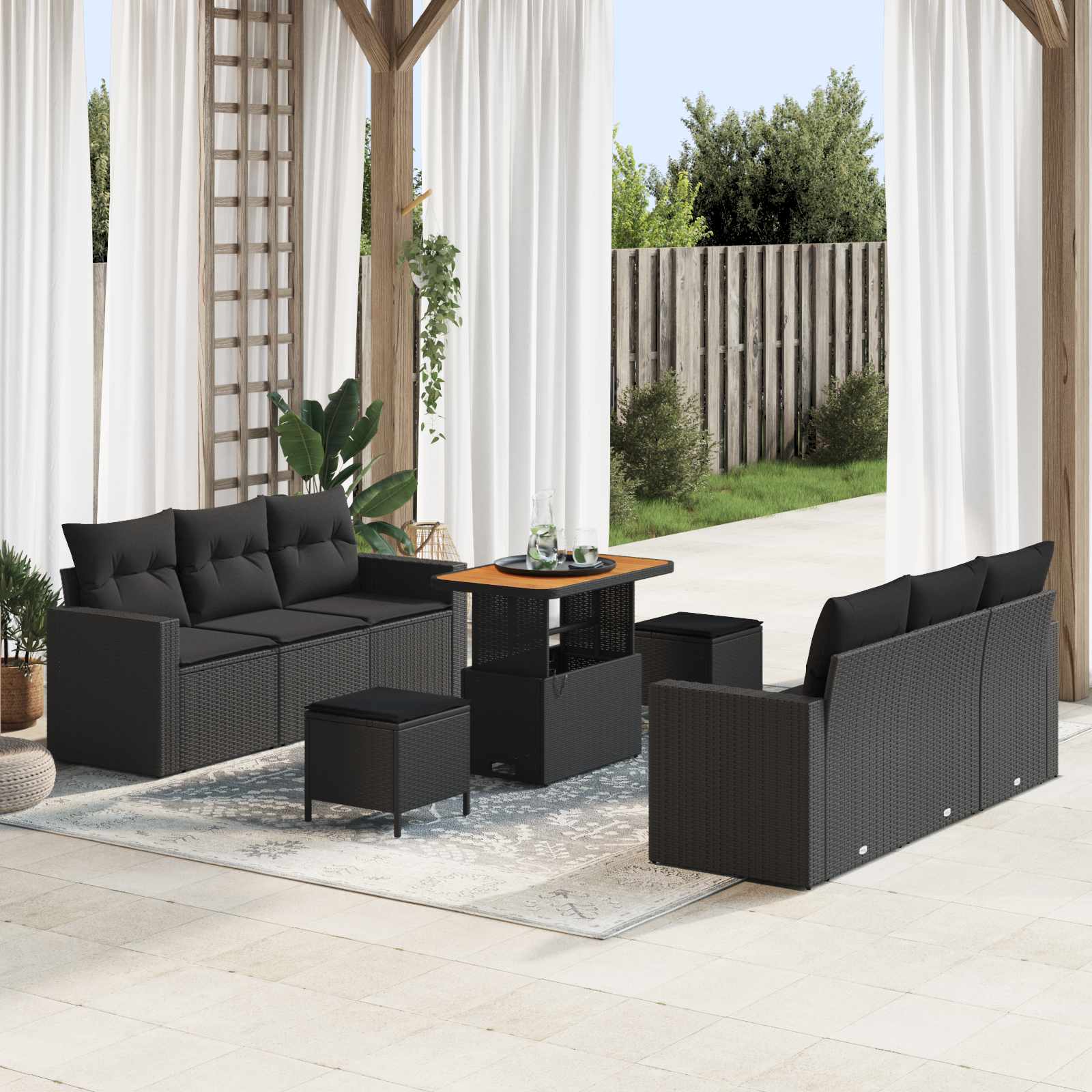 Gartensofa-set 9 Stk. 6-Sitzanzahl Schwarz Poly-Rattan