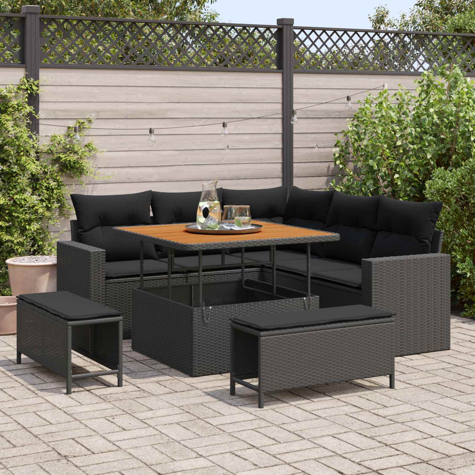 Gartensofa-set 9 Stk. 6-Sitzanzahl Schwarz Poly-Rattan