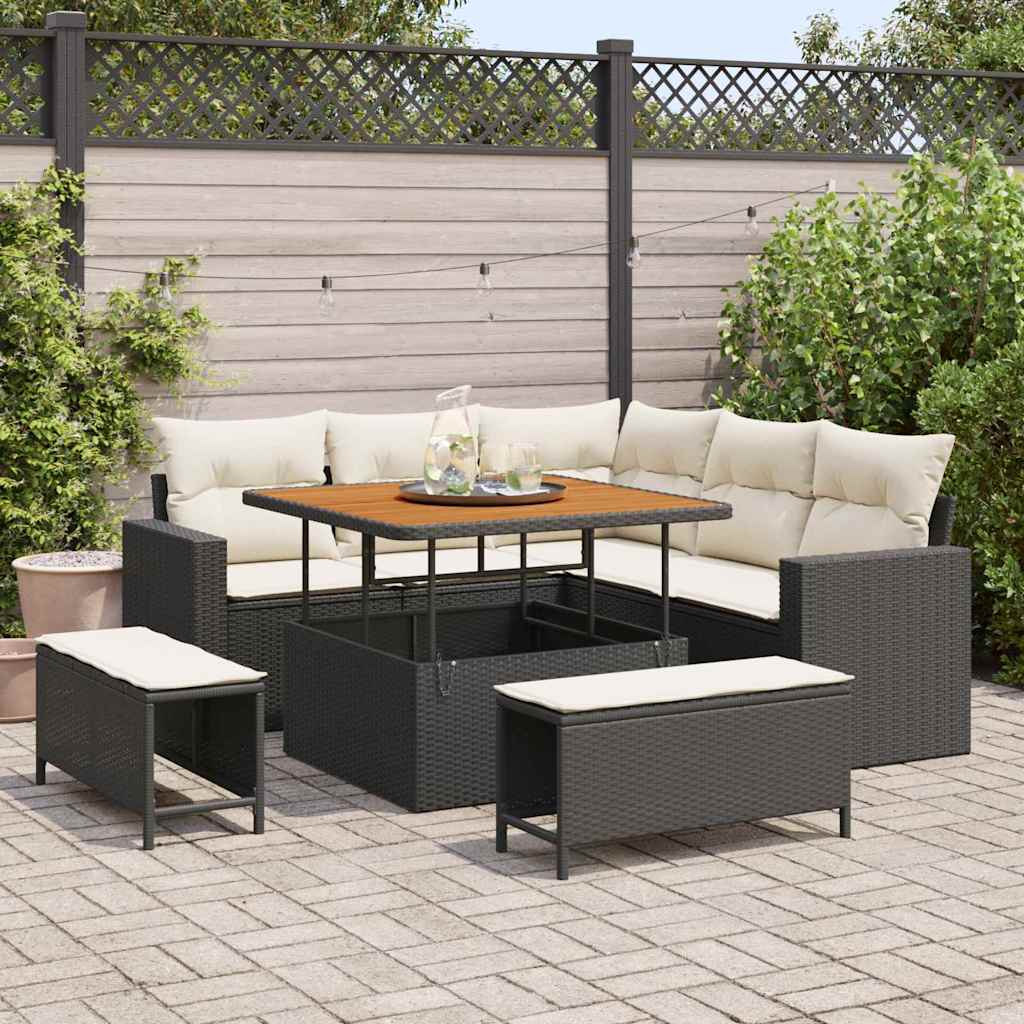 Gartensofa-set 9 Stk. 6-Sitzanzahl Schwarz und Creme