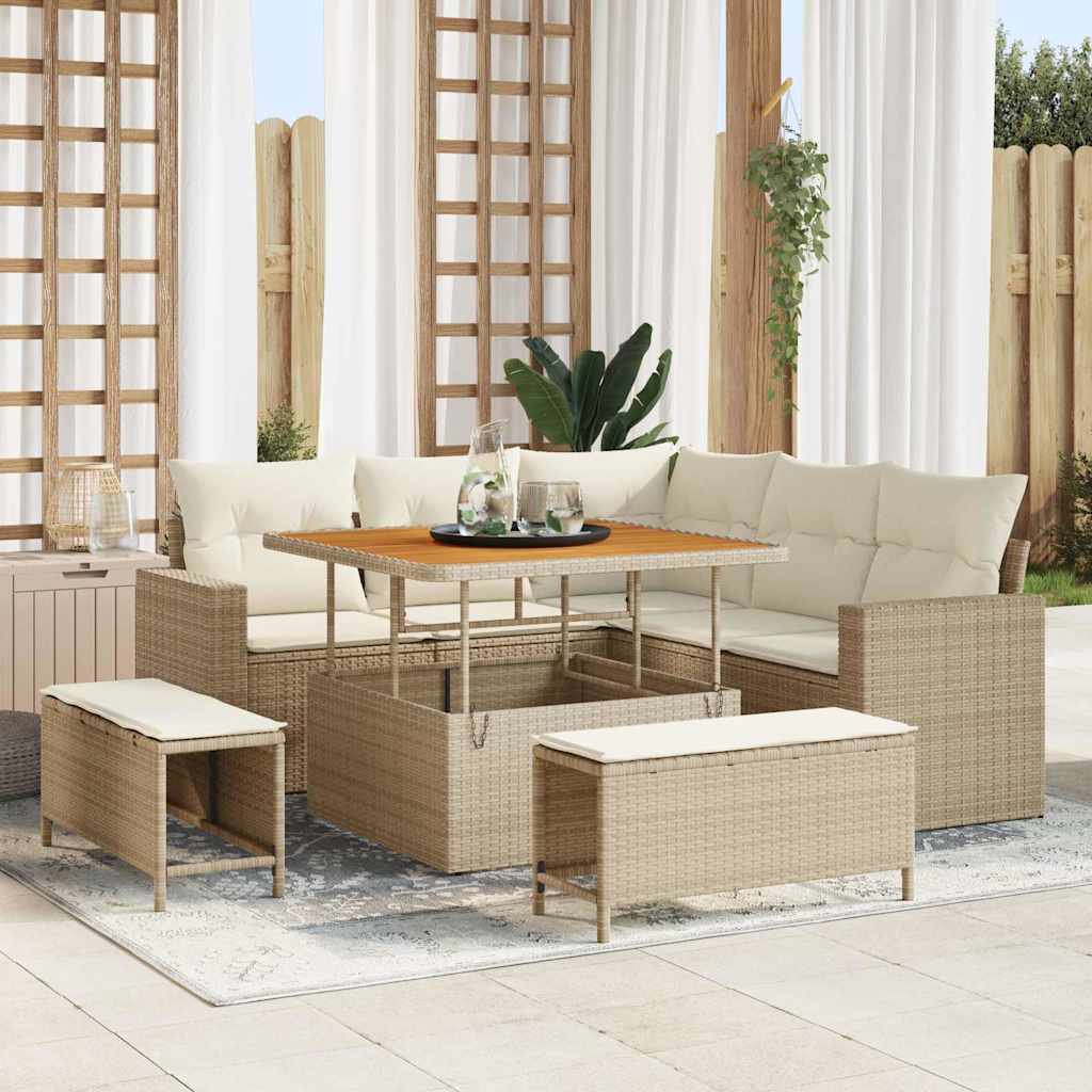Gartensofa-set 9 Stk. 6-Sitzanzahl Beige und Creme Poly-Rattan