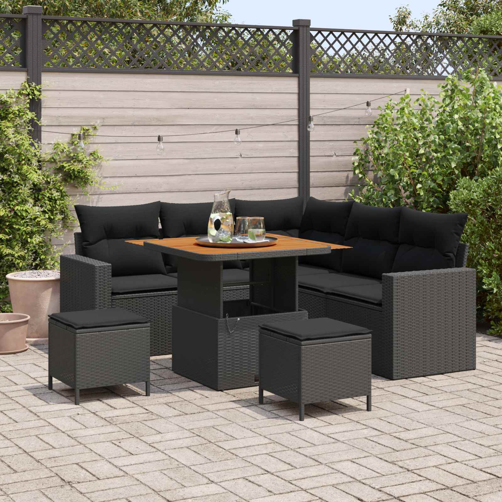 Gartensofa-set 9 Stk. 6-Sitzanzahl Schwarz Poly-Rattan