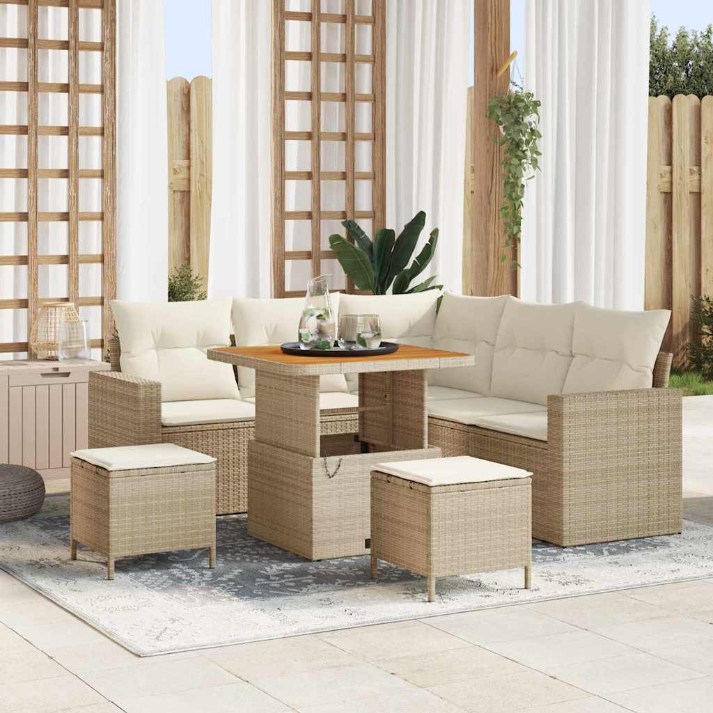 Gartensofa-set 9 Stk. 6-Sitzanzahl Beige und Creme Poly-Rattan