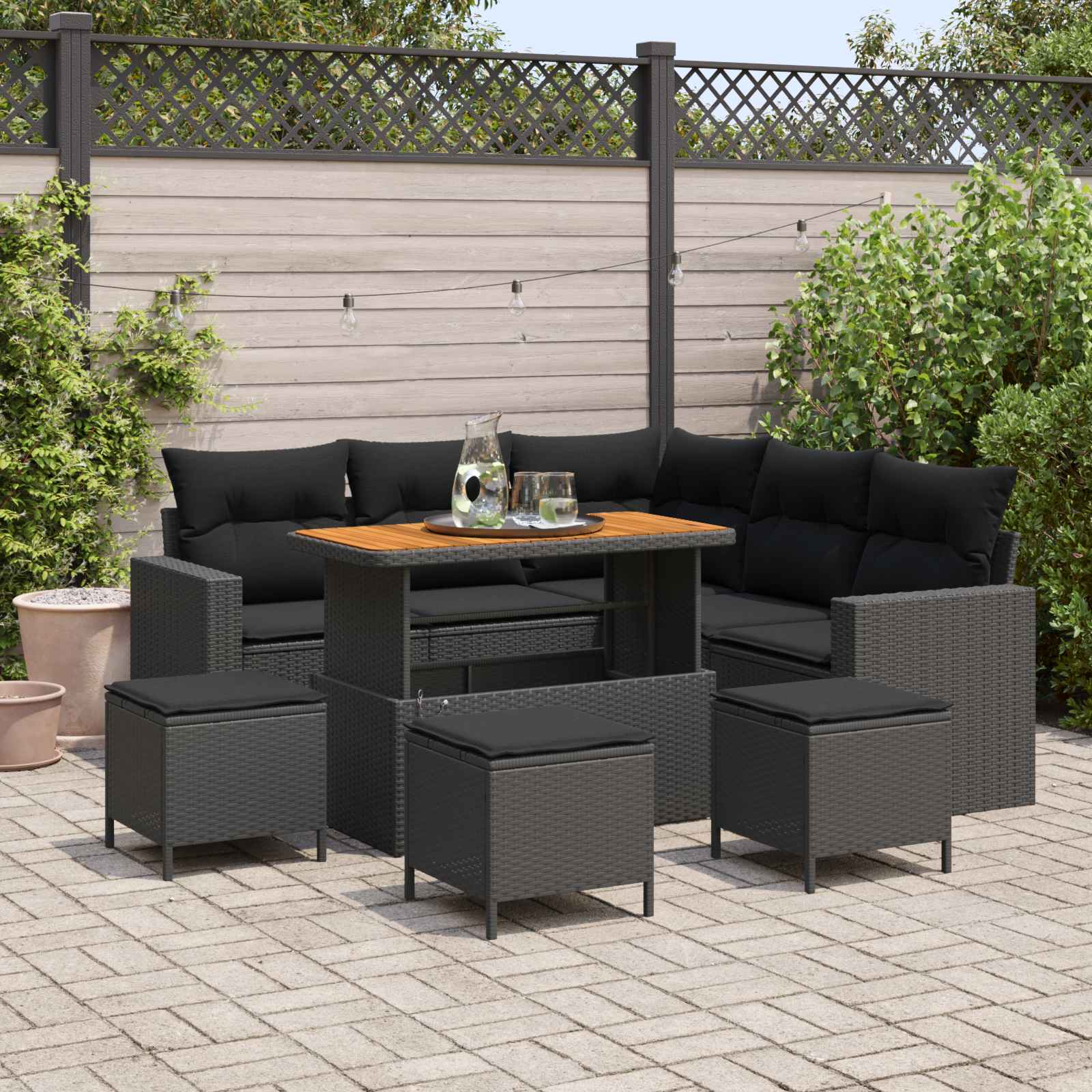 Gartensofa-set 10 Stk. 7-Sitzanzahl Schwarz Poly-Rattan