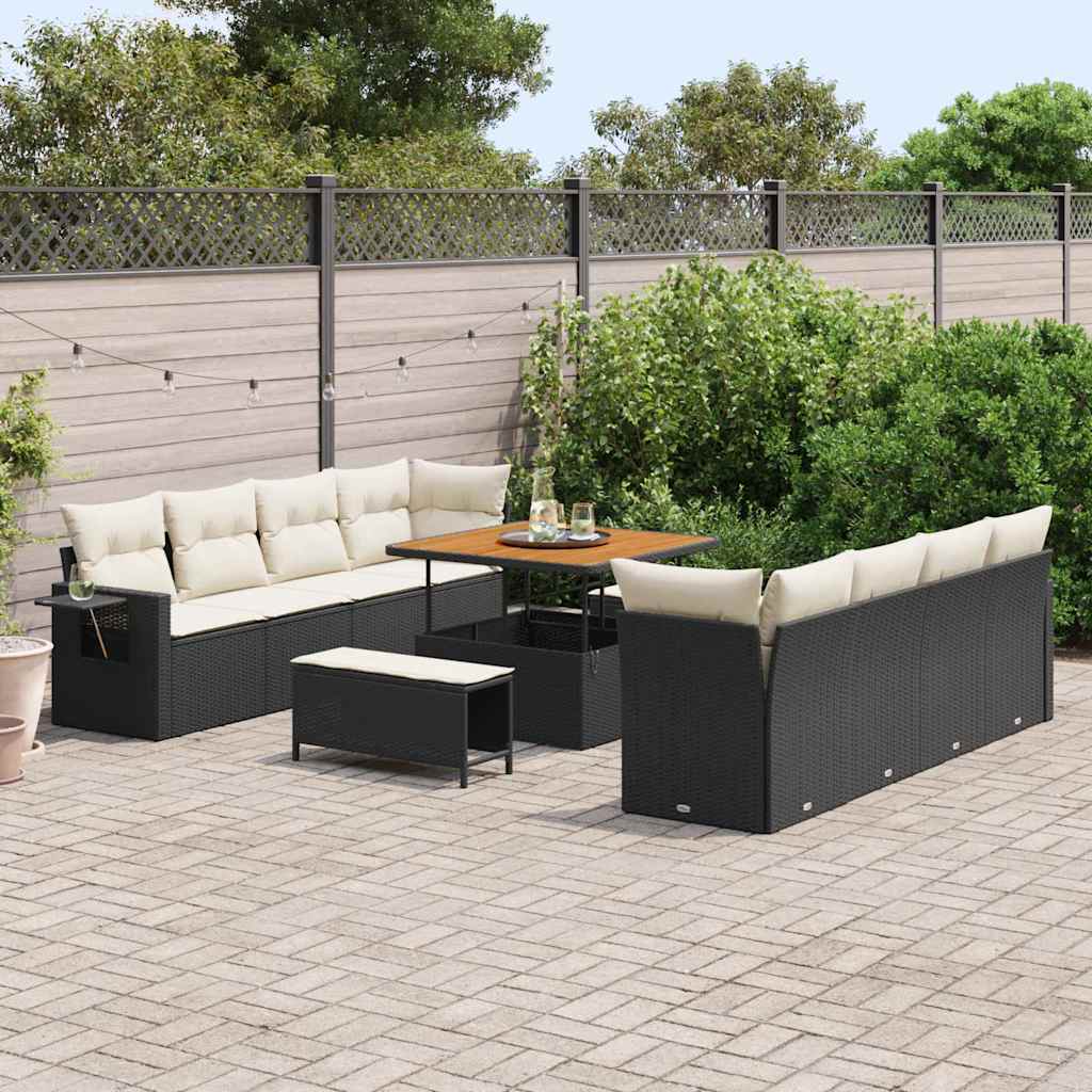 Gartensofa-set Schwarz und Creme Poly-Rattan