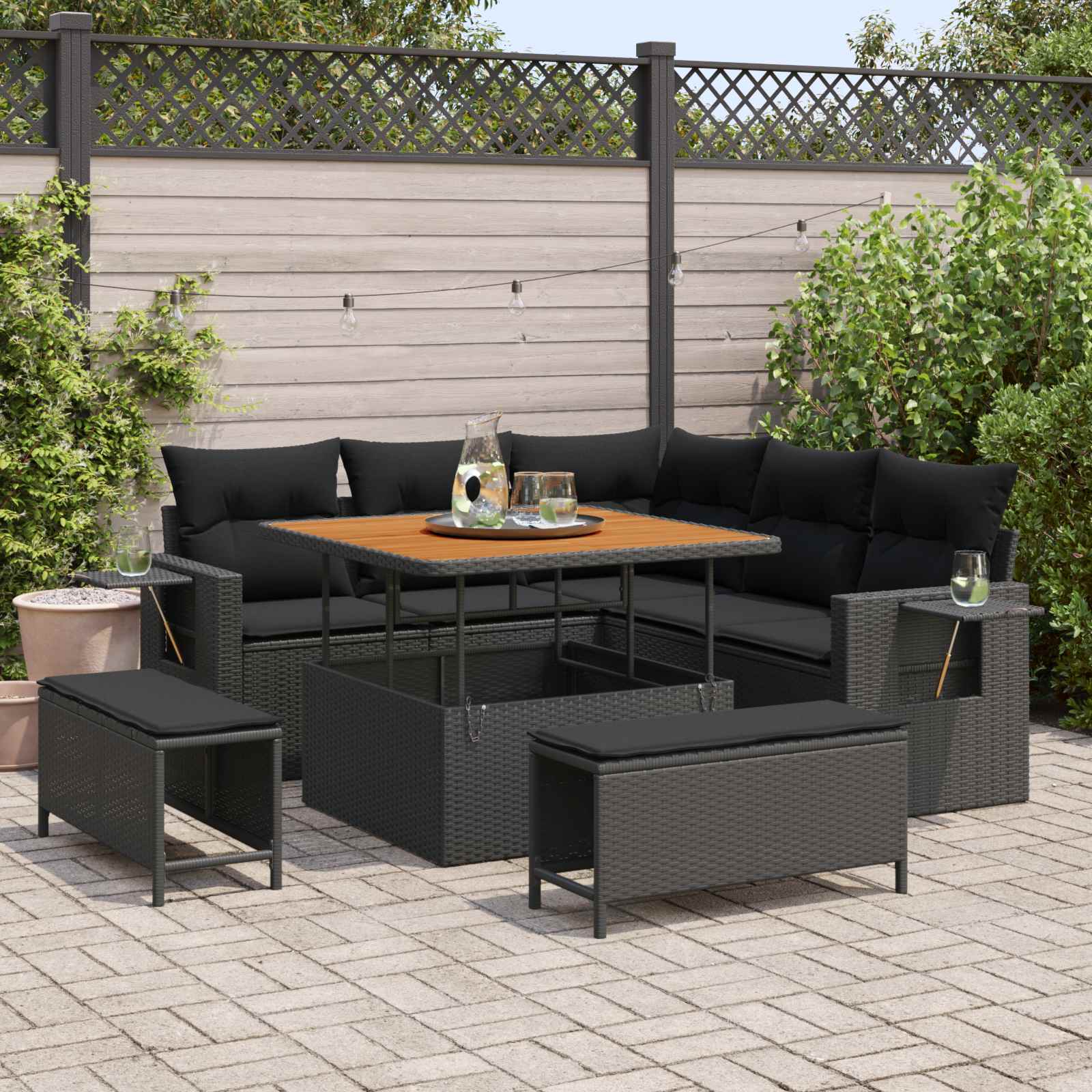 Gartensofa-set 9 Stk. 8-Sitzanzahl Schwarz Poly-Rattan