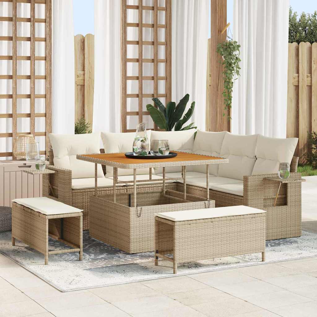 Gartensofa-set 9 Stk. 8-Sitzanzahl Beige und Creme Poly-Rattan