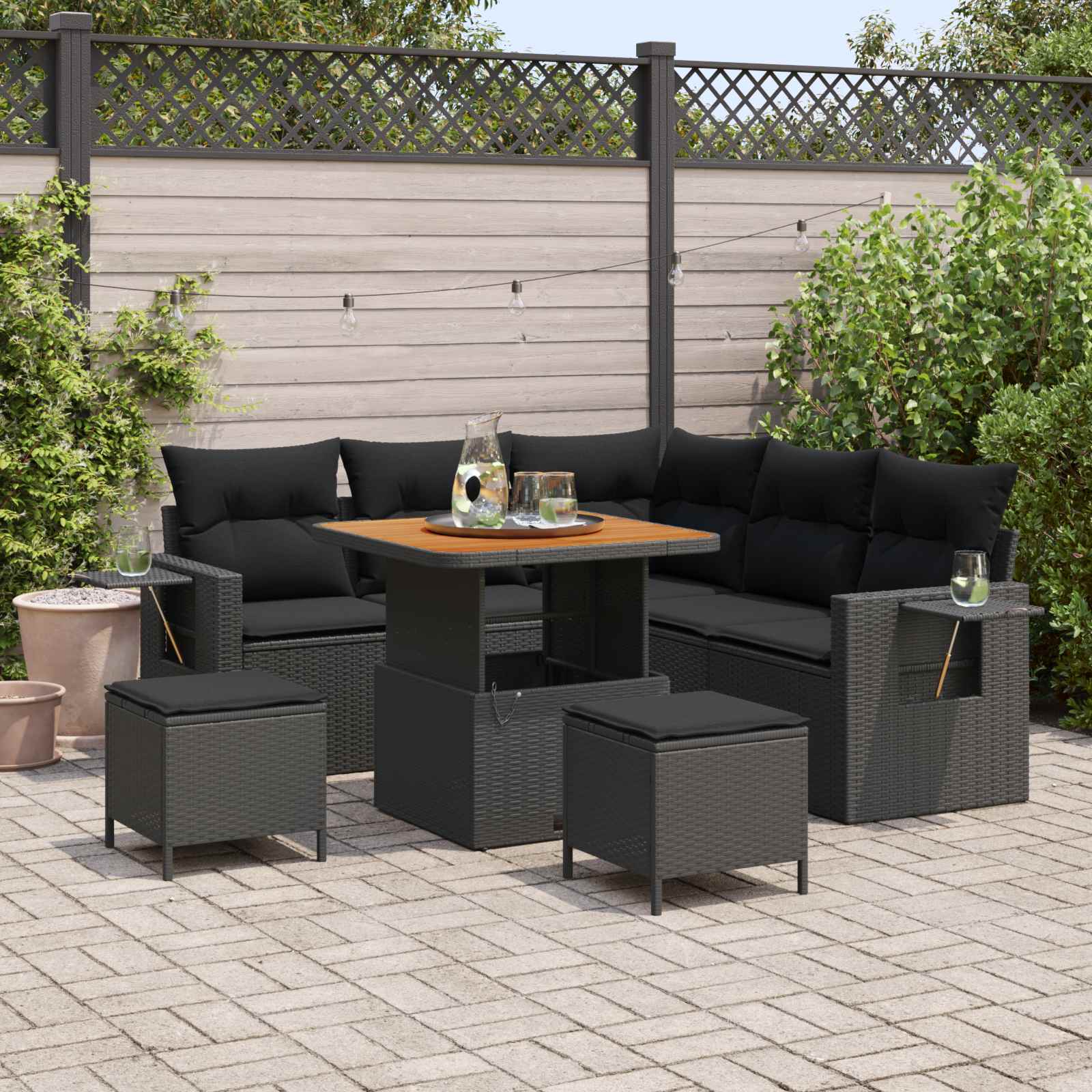 Gartensofa-set 9 Stk. 6-Sitzanzahl Schwarz Poly-Rattan