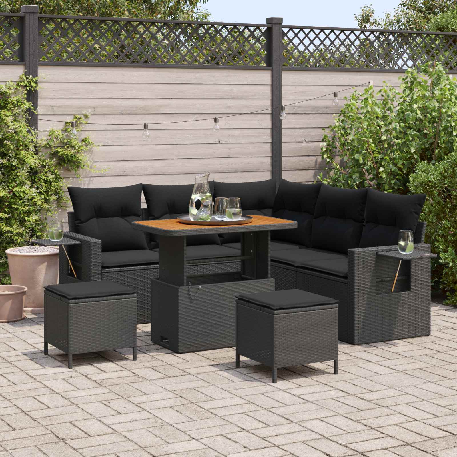 Gartensofa-set 9 Stk. 6-Sitzanzahl Schwarz Poly-Rattan
