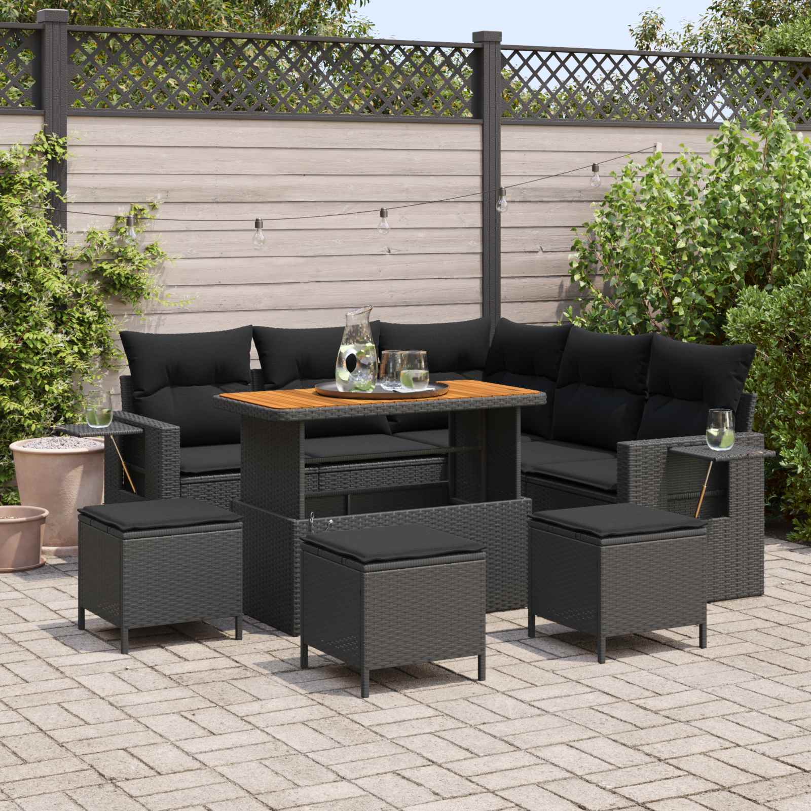 Gartensofa-set 10 Stk. 7-Sitzanzahl Schwarz Poly-Rattan