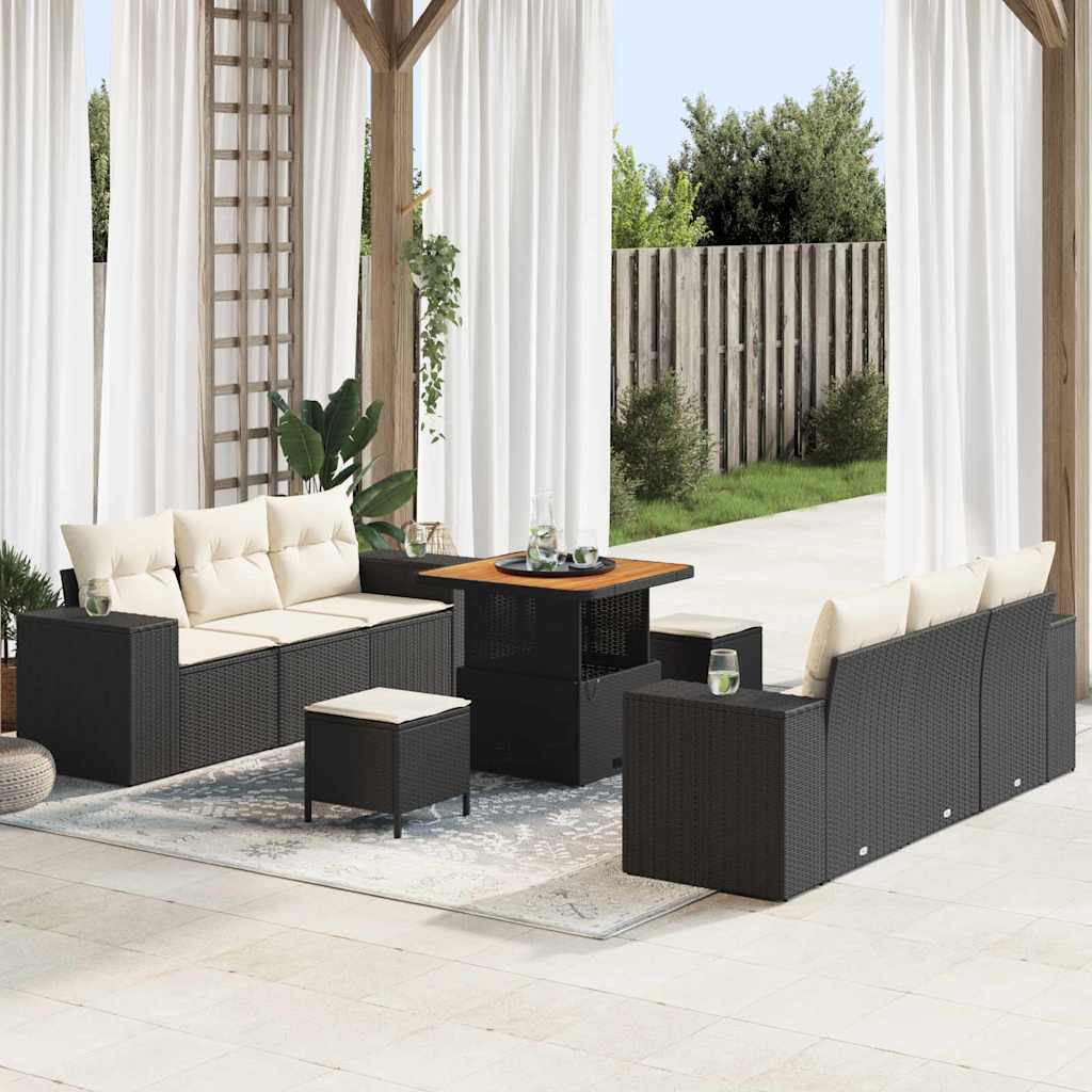 Gartensofa-set Schwarz und Creme Poly Rattan