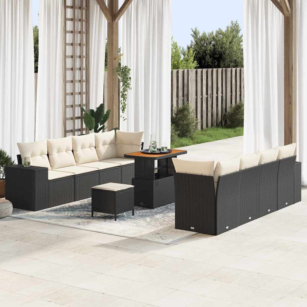 Gartensofa-set Schwarz und Creme Poly-Rattan