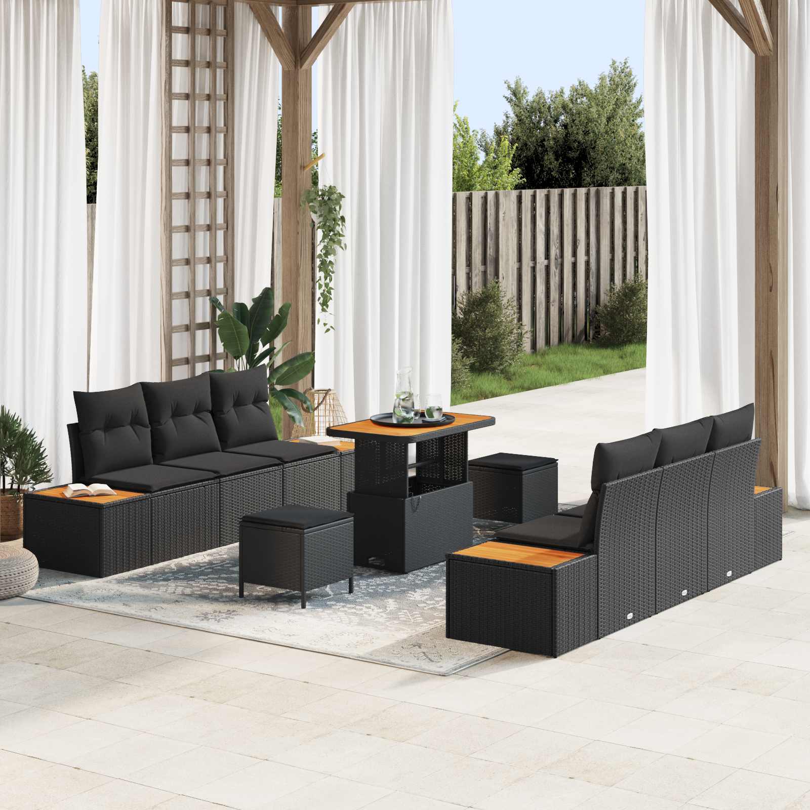 Gartensofa-set 9 Stk. 8-Sitzanzahl Schwarz Poly Rattan