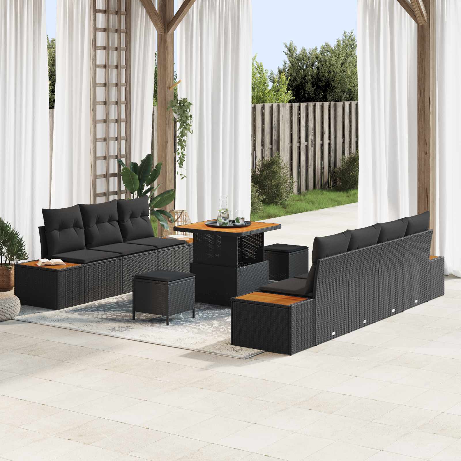 Gartensofa-set 10 stk. 9-Sitzanzahl Schwarz Poly Rattan