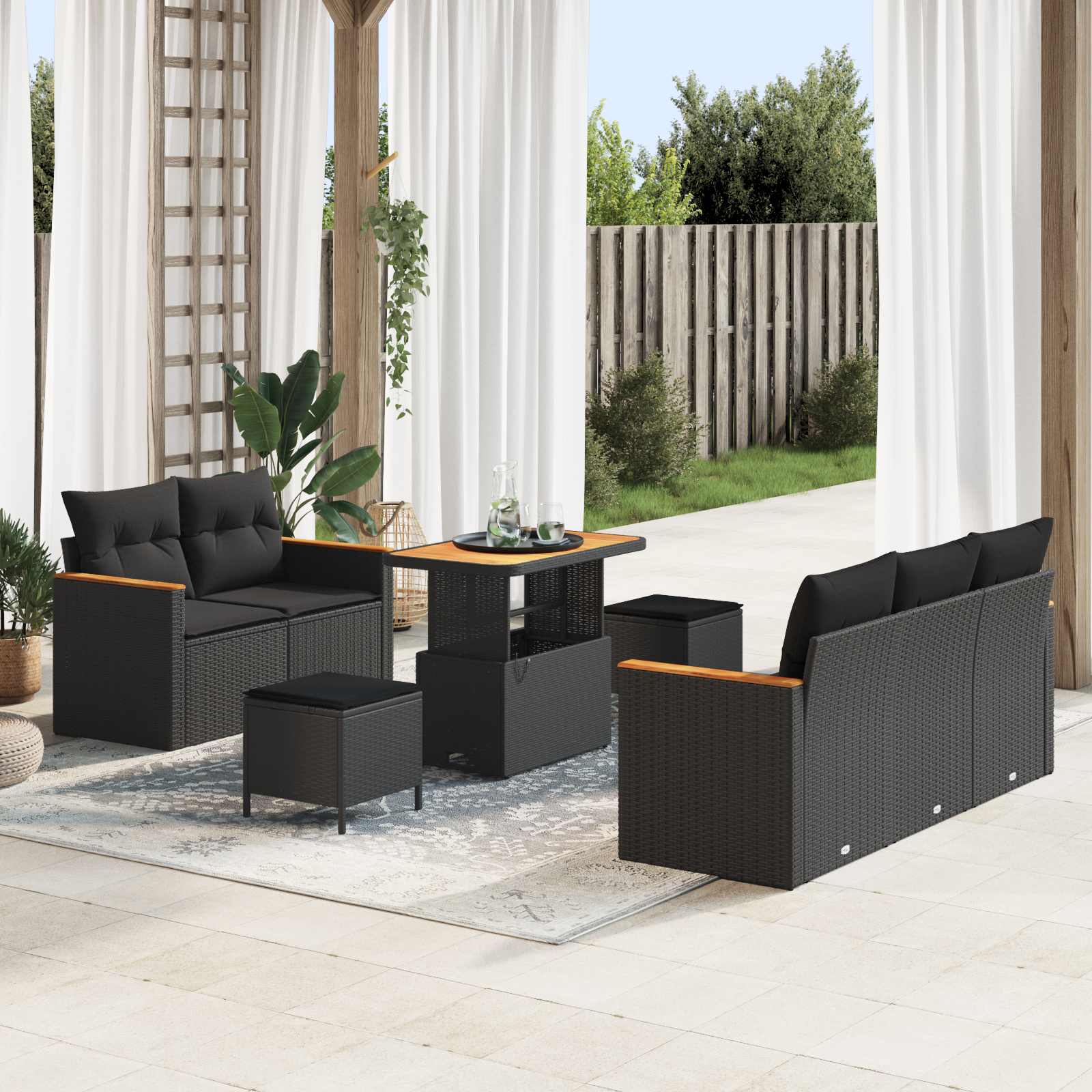Gartensofa-set 10 Stk. 7-Sitzanzahl Schwarz Poly-Rattan