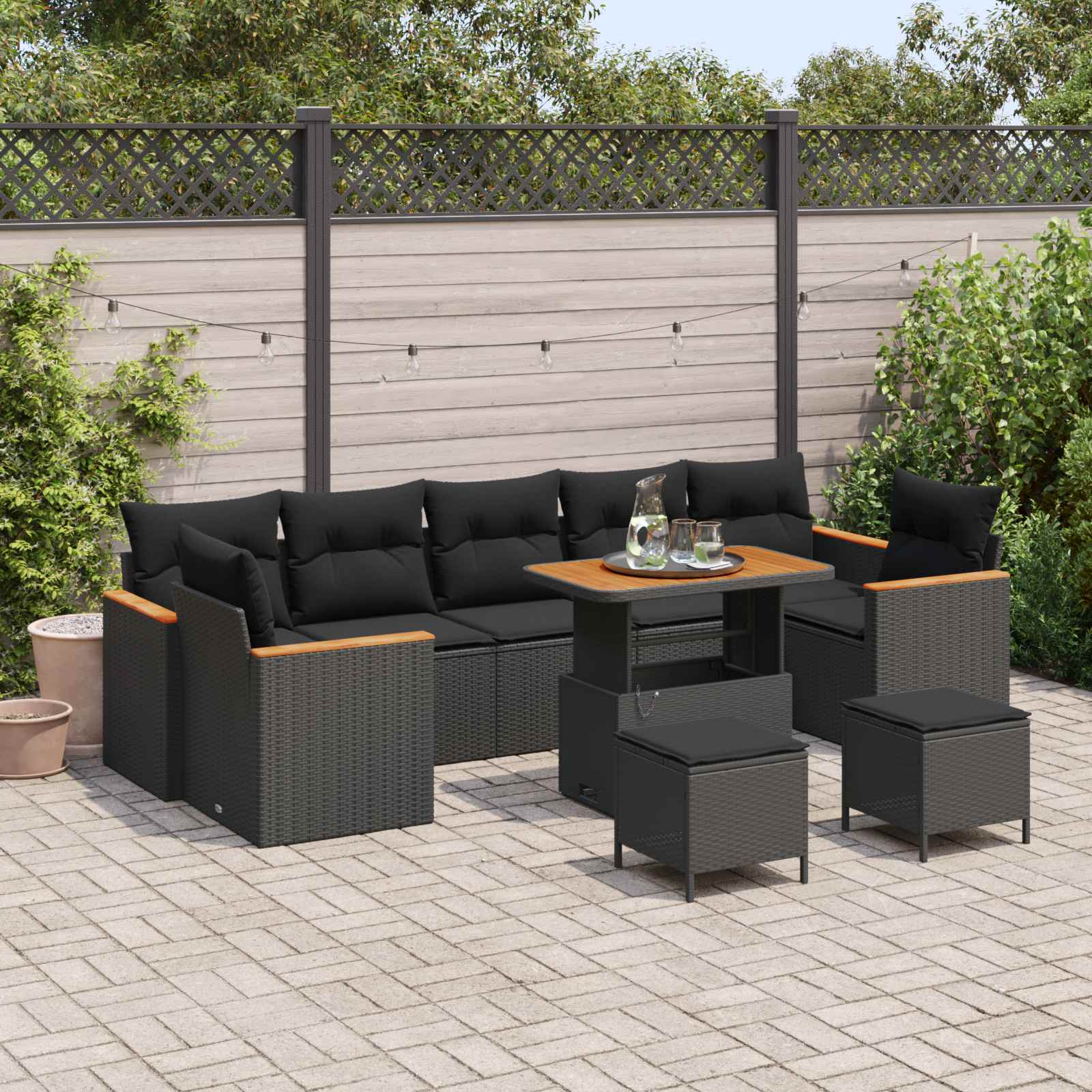 Gartensofa-set 10 Stk. 7-Sitzanzahl Schwarz Poly Rattan