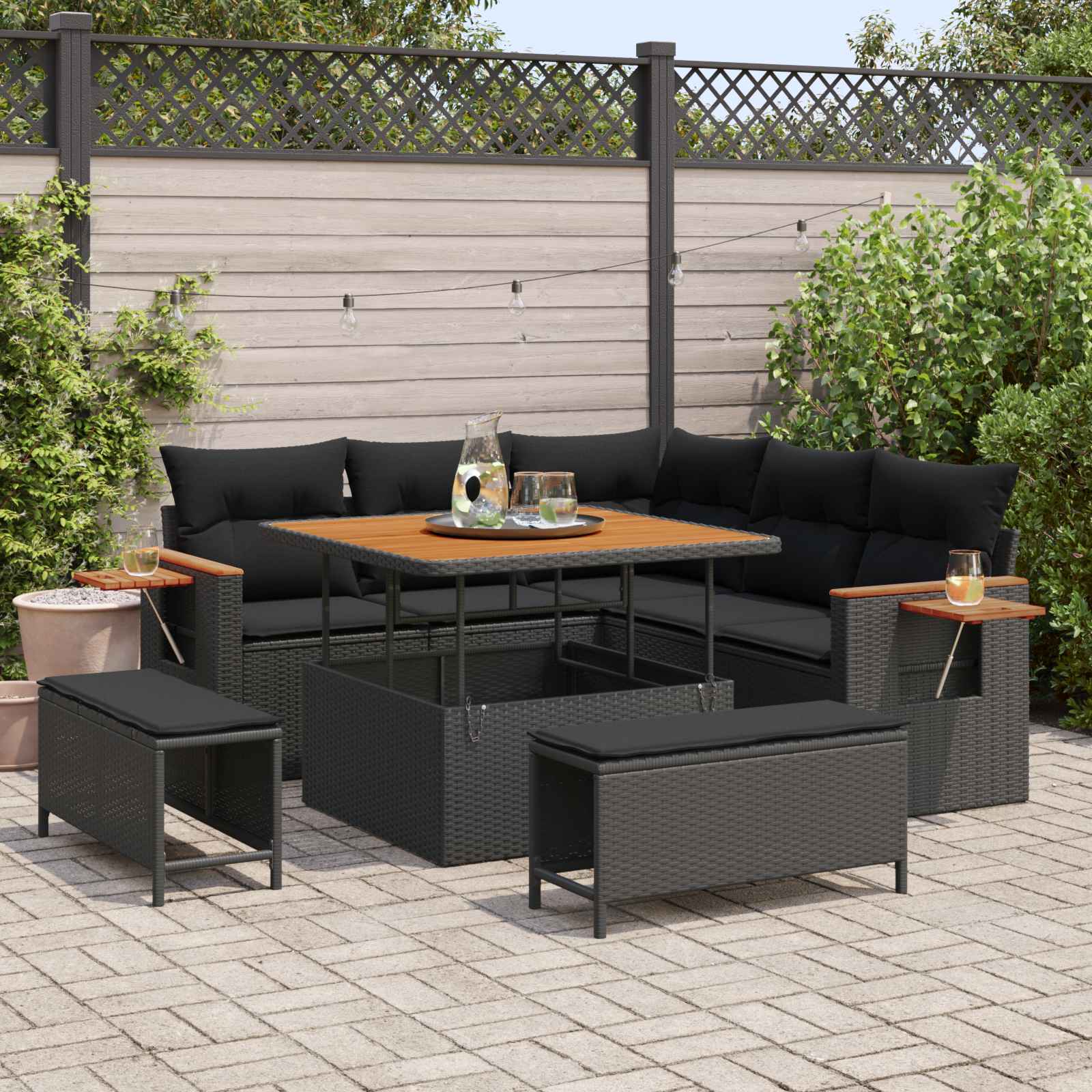 Gartensofa-set 9 Stk. 8-Sitzanzahl Schwarz Poly-Rattan