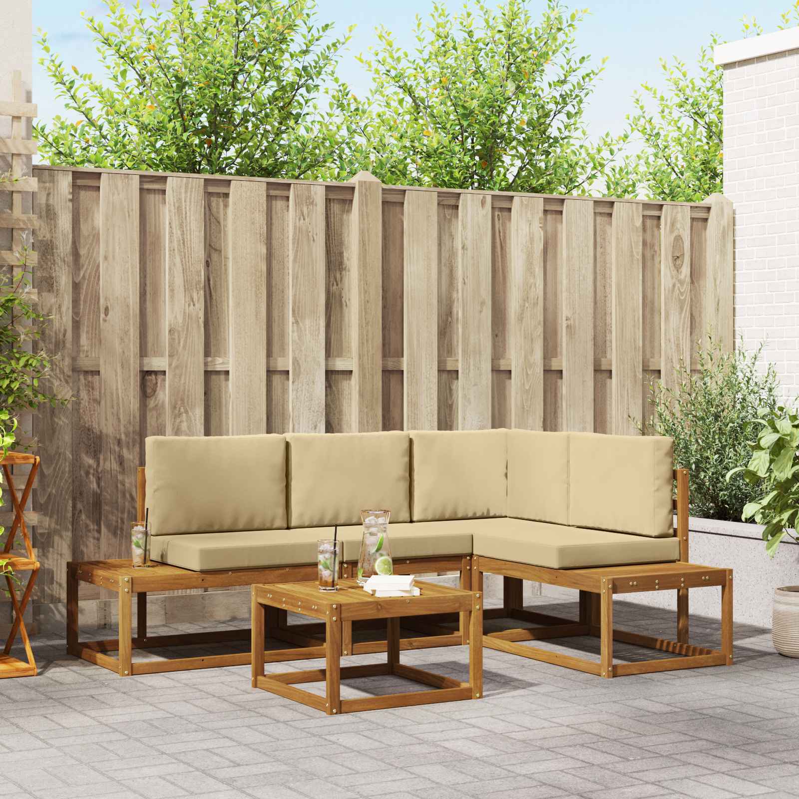 5 stk. Outdoor-Sofagarnitur Massives Akazienholz und Polyester