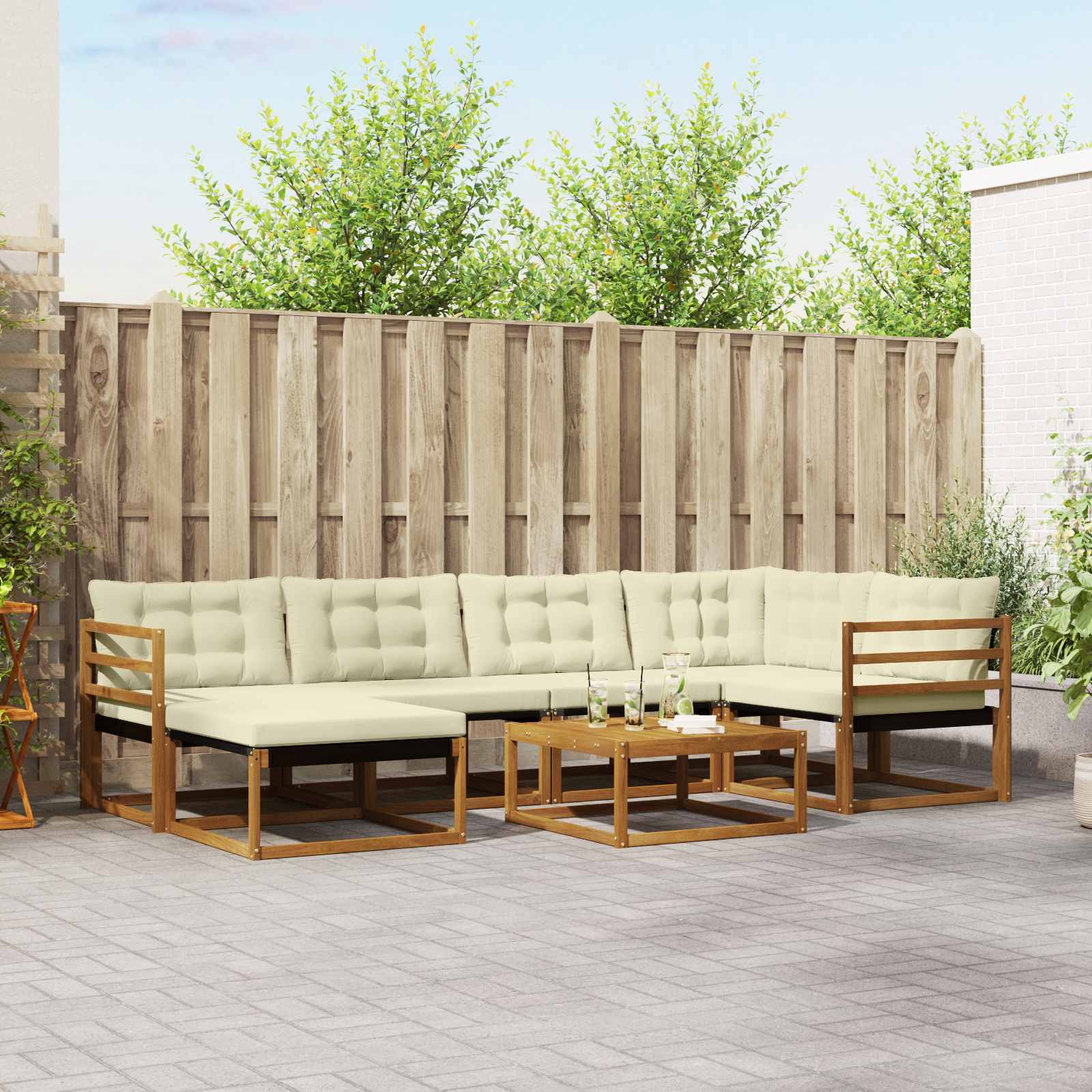 Outdoor-Sofagarnitur 7 stk. Natur und Creme Massivholz Akazie