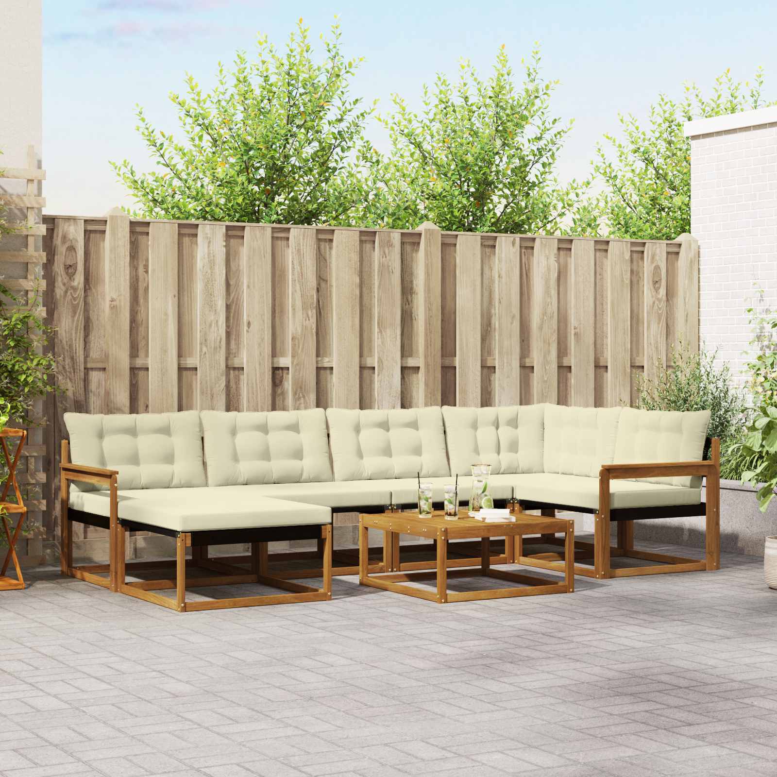Outdoor-Sofagarnitur 7 stk. Natur und Creme Massivholz Akazie