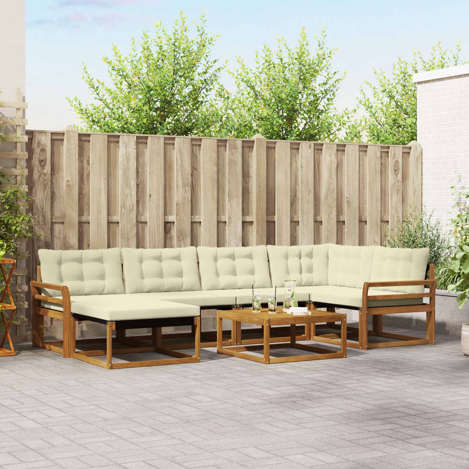 Outdoor-Sofagarnitur 7 stk. Natur und Creme Massivholz Akazie