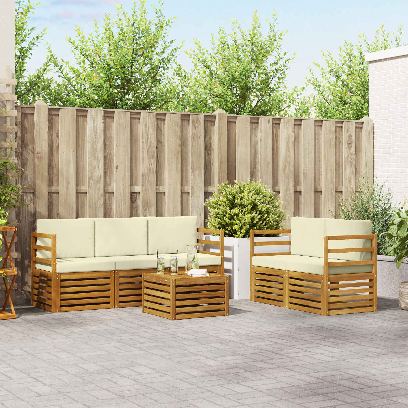 Outdoor-Sofagarnitur 6 stk. Natur und Creme Massivholz Akazie