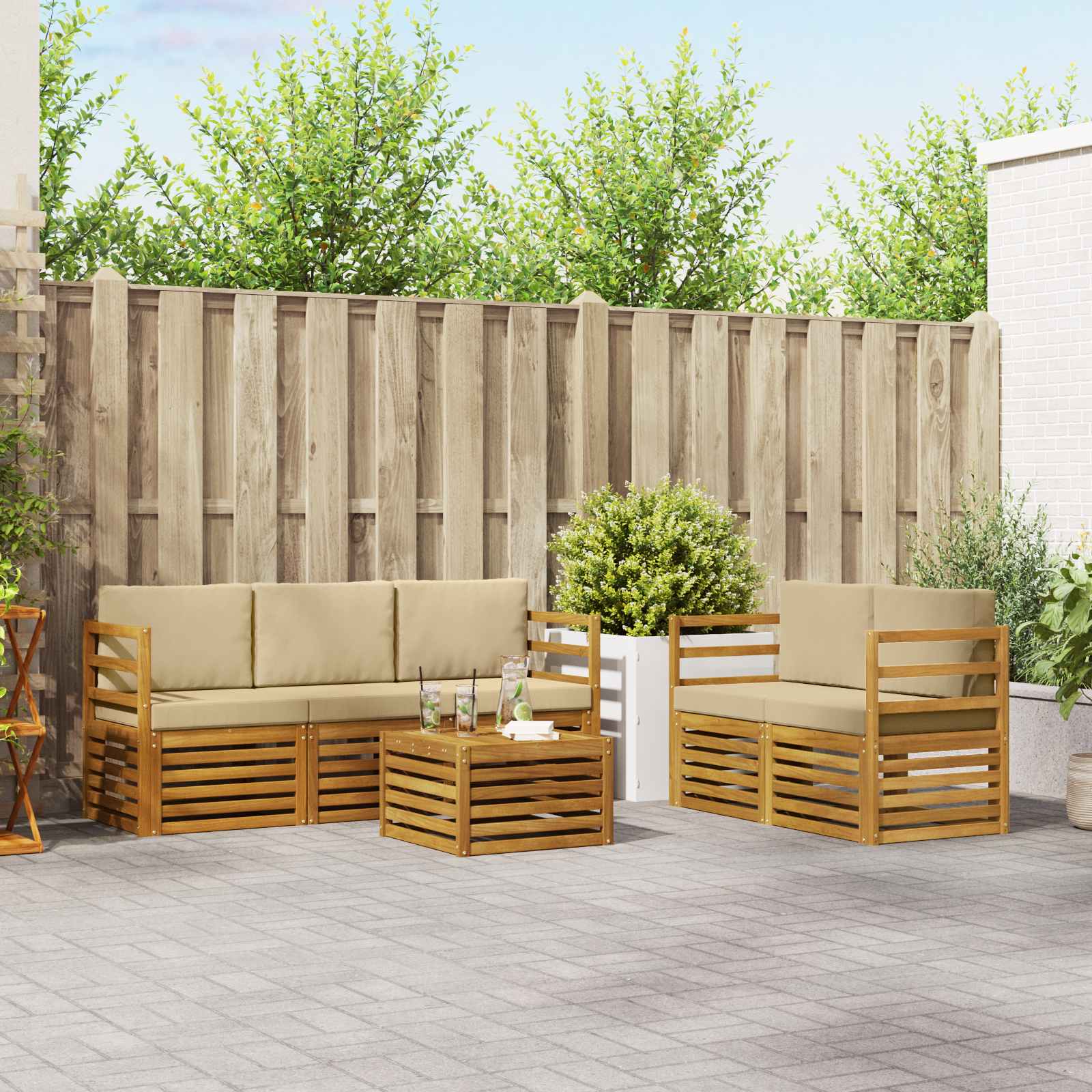 Outdoor-Sofagarnitur 6 stk. Natur und Beige Massivholz Akazie