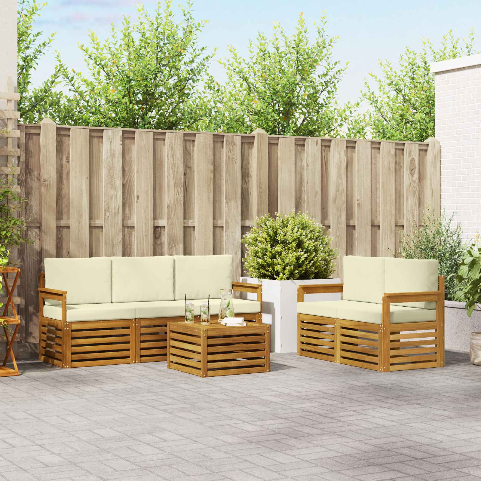 Outdoor-Sofagarnitur 6 stk. Natur und Creme Massivholz Akazie