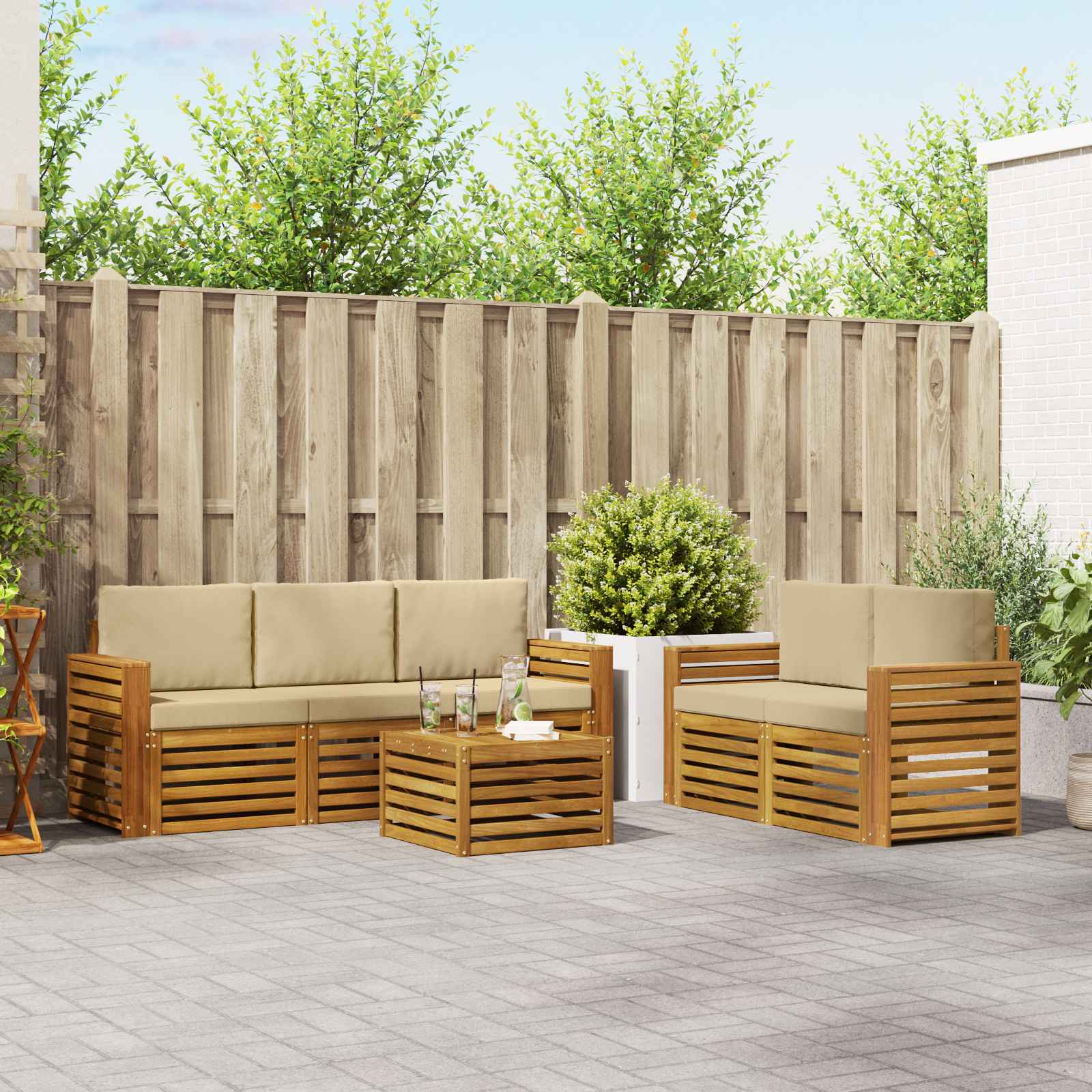 Outdoor-Sofagarnitur 6 stk. Natur und Beige Massivholz Akazie