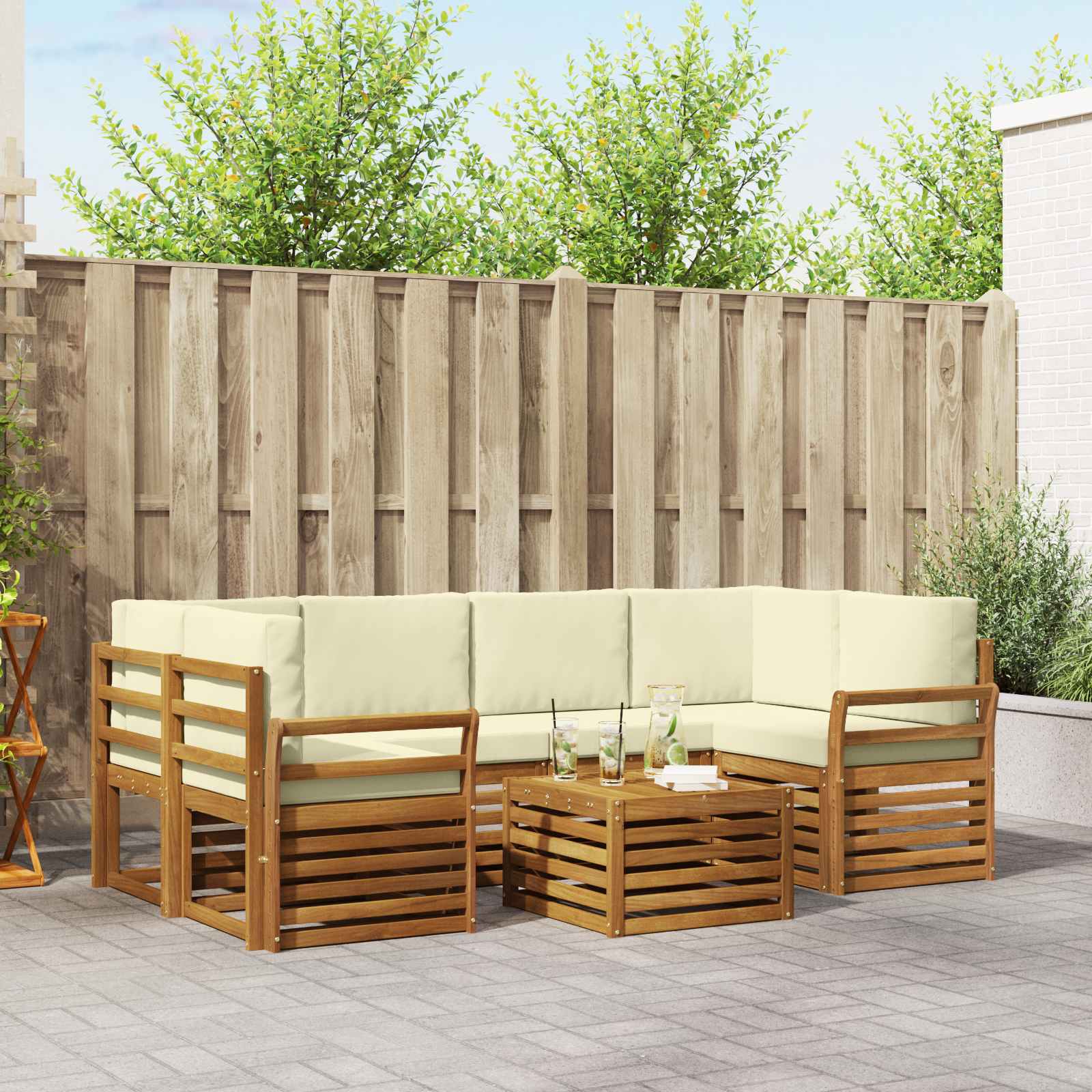 Outdoor-Sofagarnitur 7 stk. Natur und Creme Massivholz Akazie