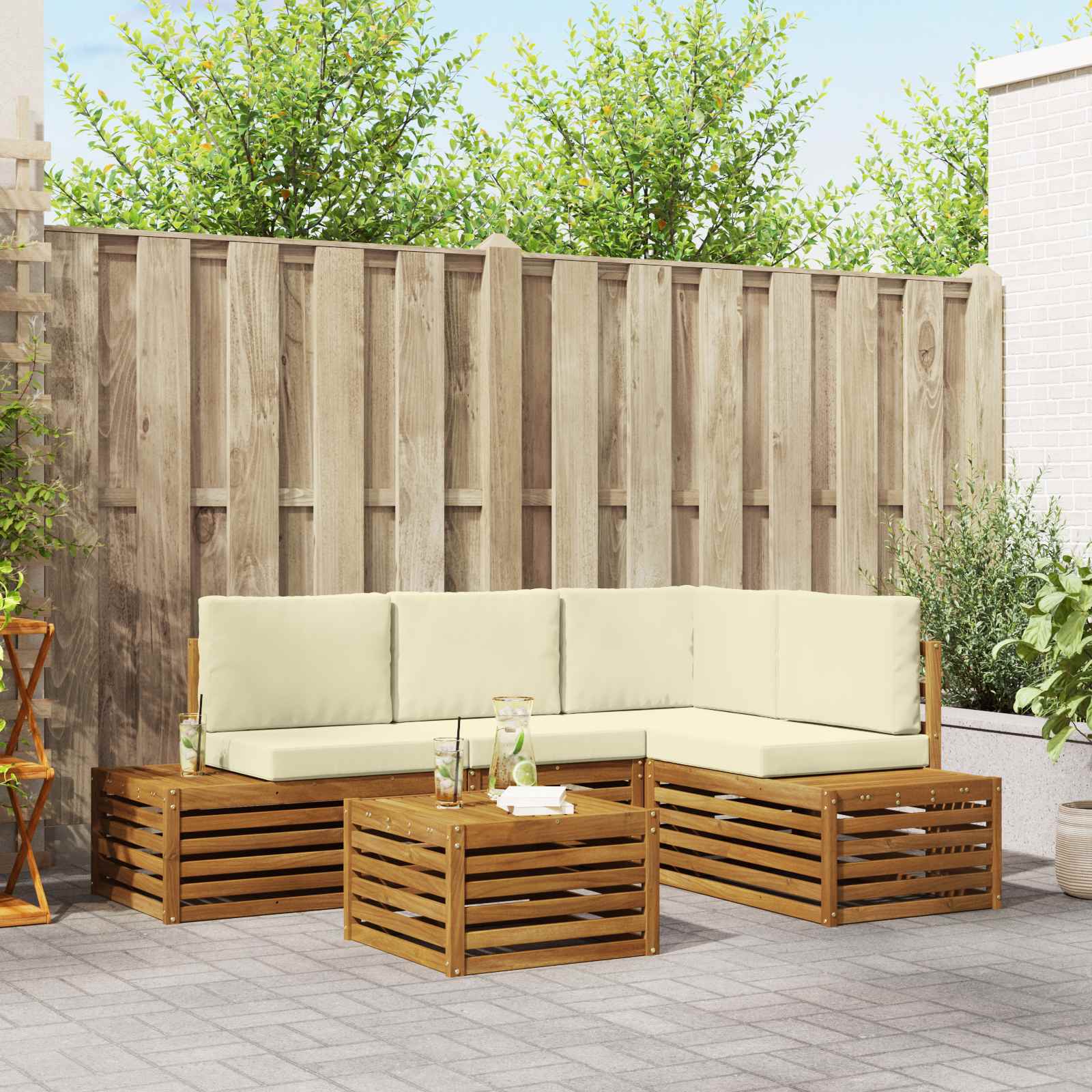 5 stk. Outdoor-Sofagarnitur Massives Akazienholz und Polyester