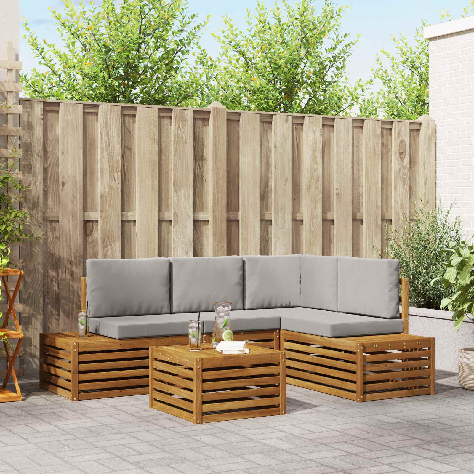 5 stk. Outdoor-Sofagarnitur Massives Akazienholz und Polyester