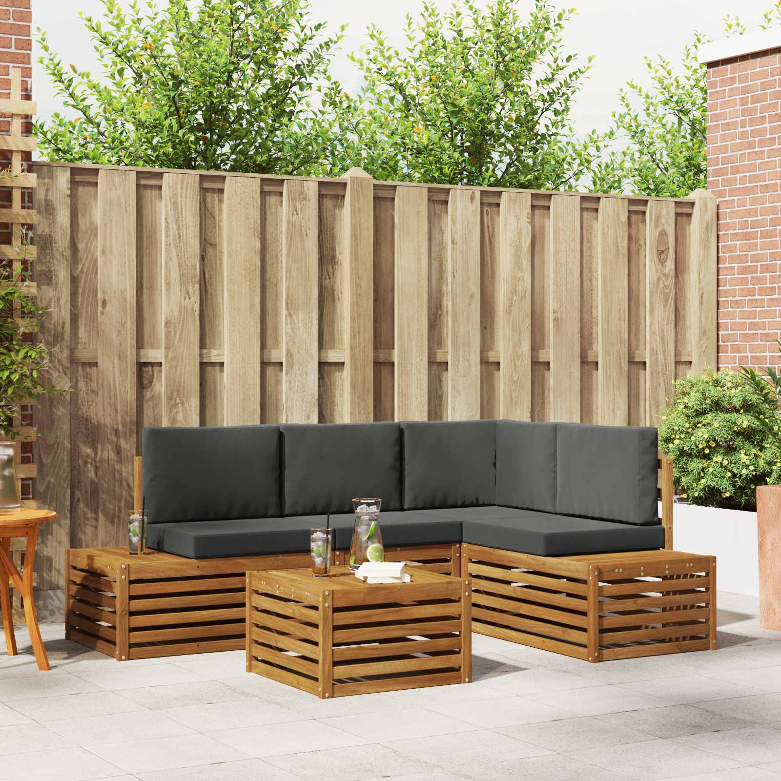 5 stk. Outdoor-Sofagarnitur Massives Akazienholz und Polyester
